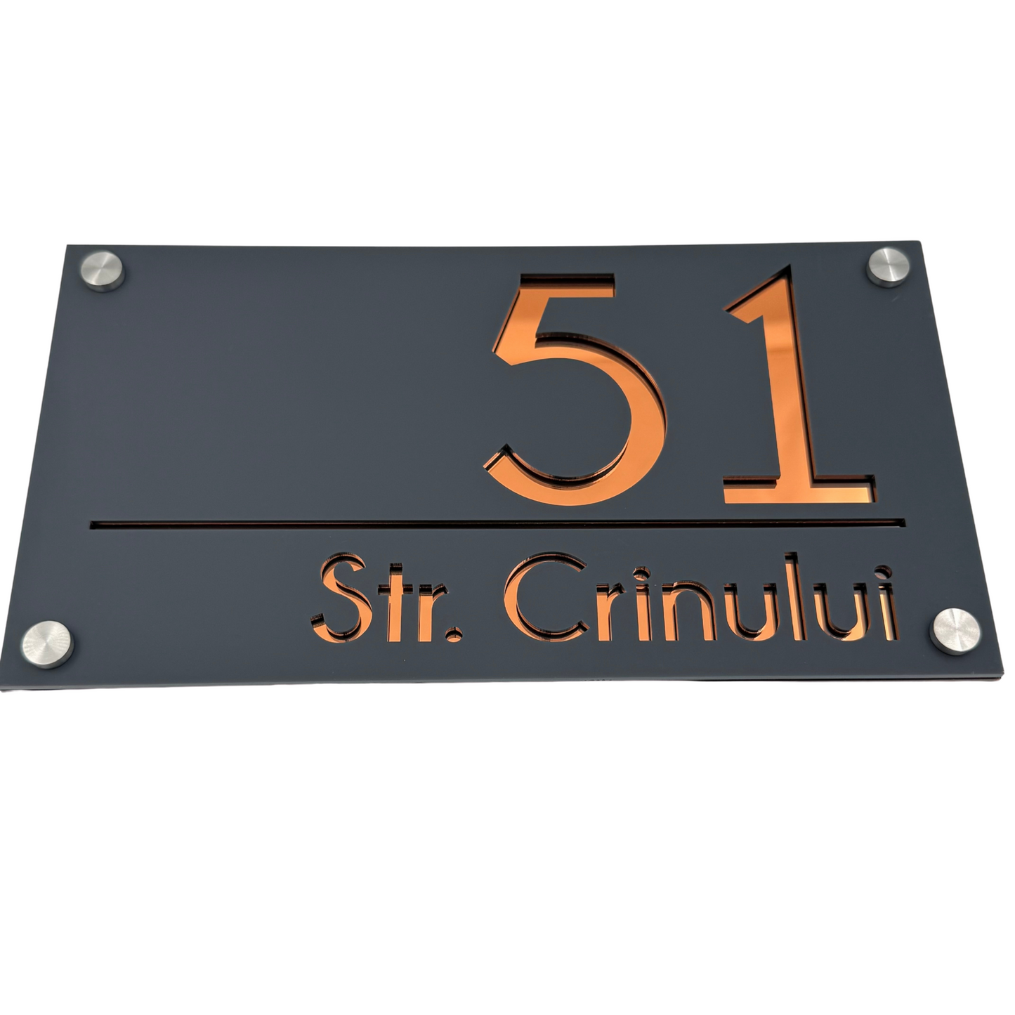 PREMIUM HOUSE NUMBER - Satin Grey Copper Mirror 4 Spacers Silver - 28×15 cm