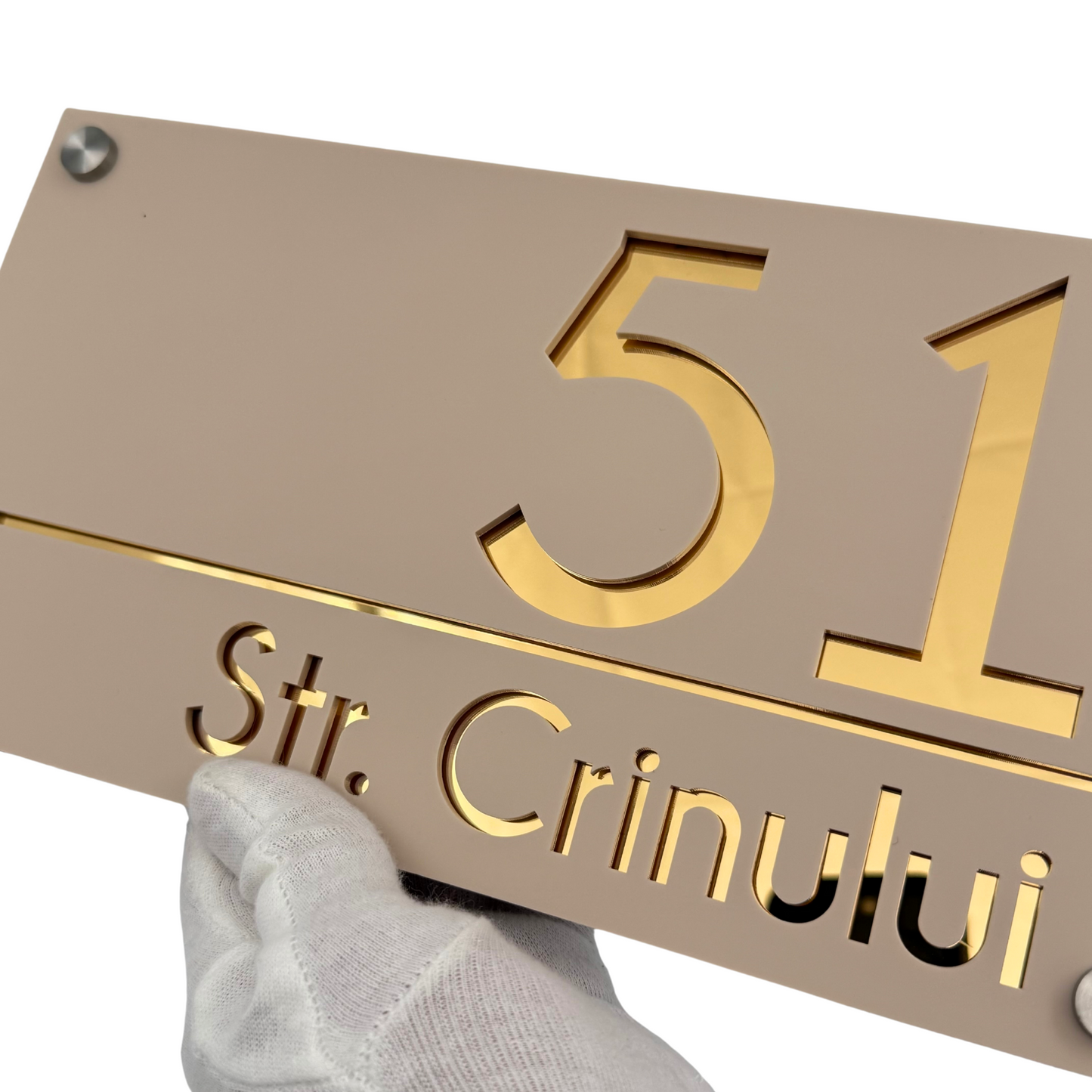PREMIUM HOUSE NUMBER - Cream colour Satin Gold Mirror 4 Spacers Silver - 28×15 cm