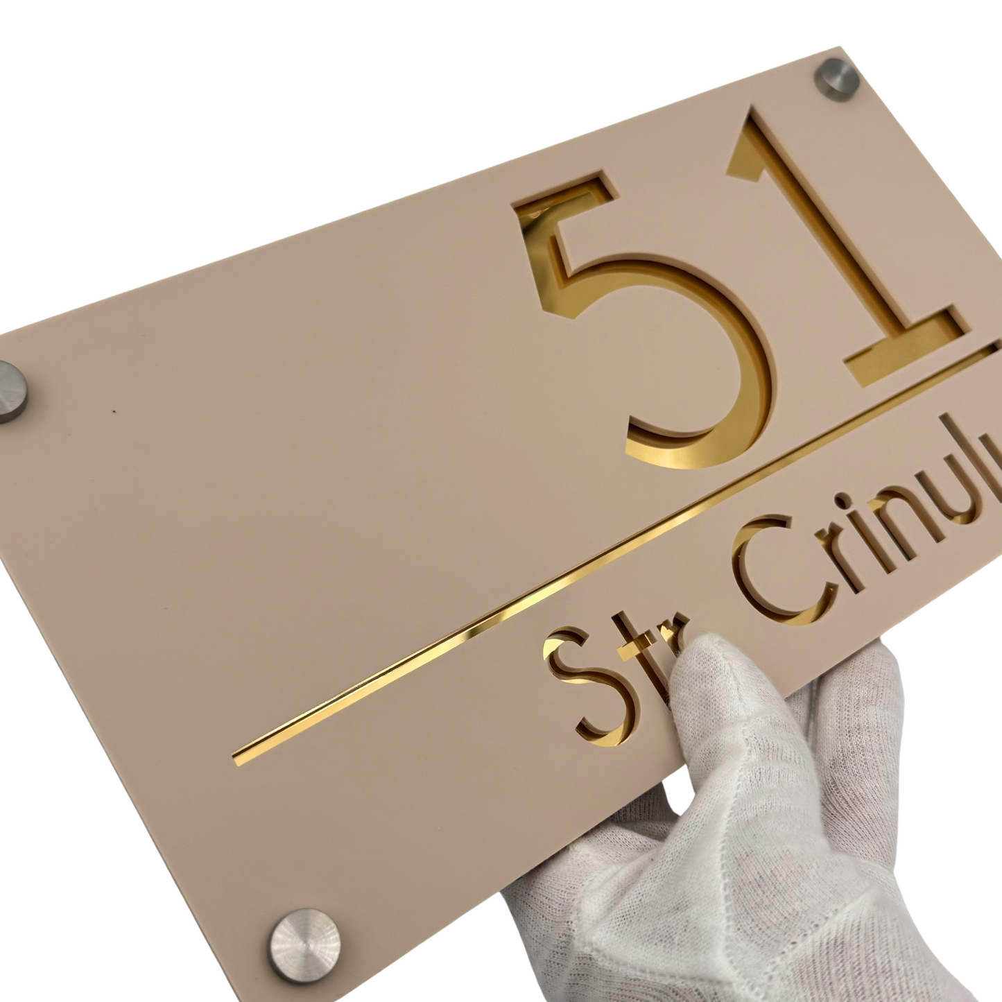 PREMIUM HOUSE NUMBER - Cream colour Satin Gold Mirror 4 Spacers Silver - 28×15 cm