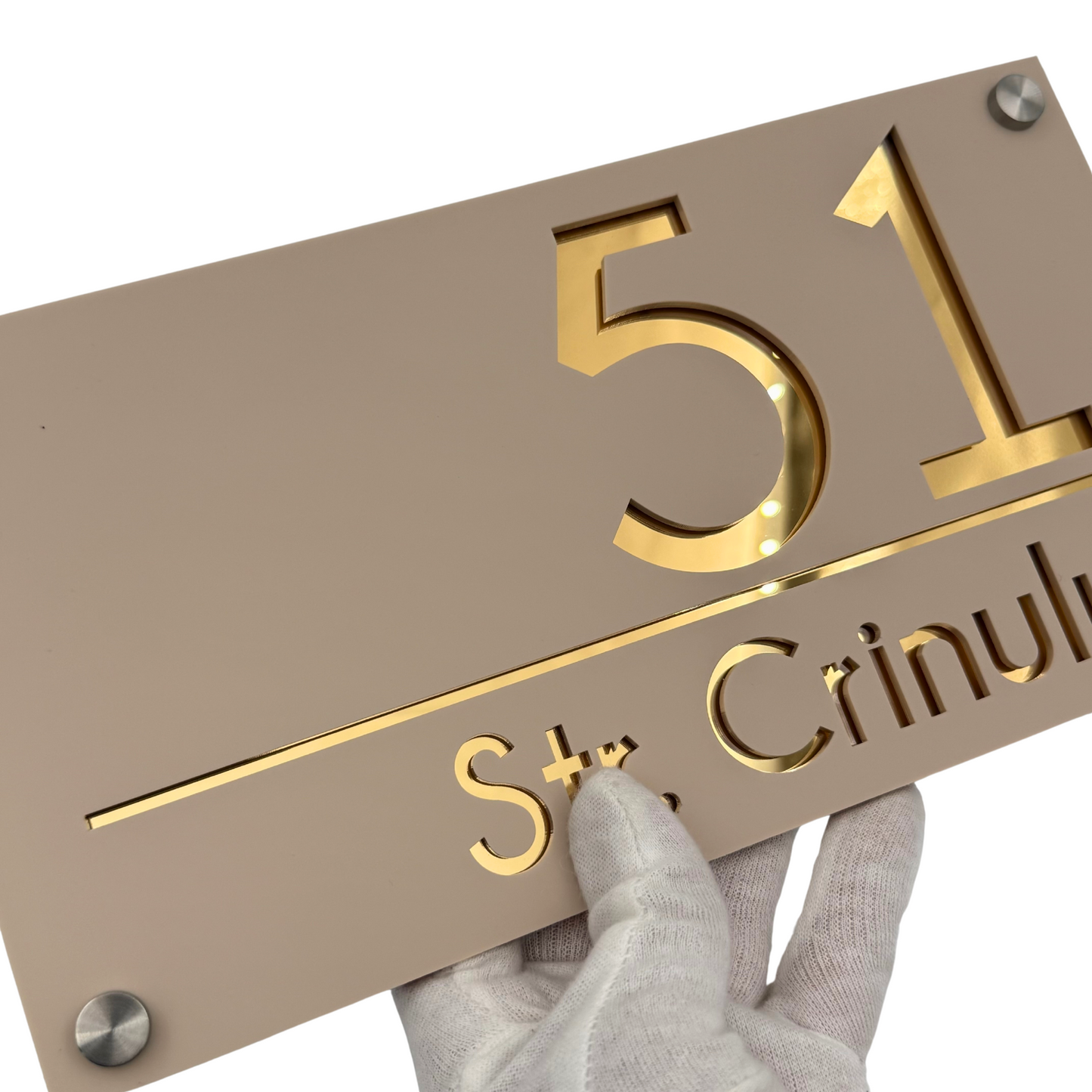 PREMIUM HOUSE NUMBER - Cream colour Satin Gold Mirror 4 Spacers Silver - 28×15 cm