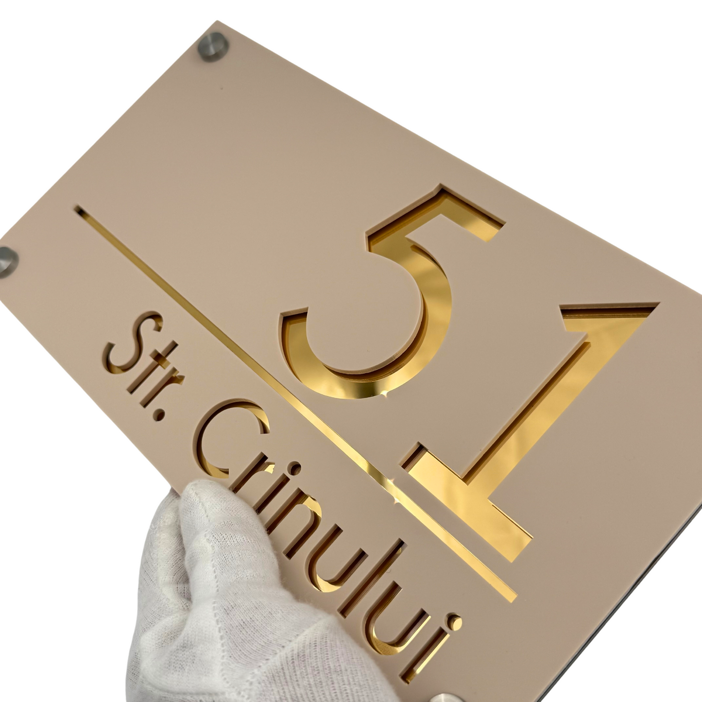 PREMIUM HOUSE NUMBER - Cream colour Satin Gold Mirror 4 Spacers Silver - 28×15 cm