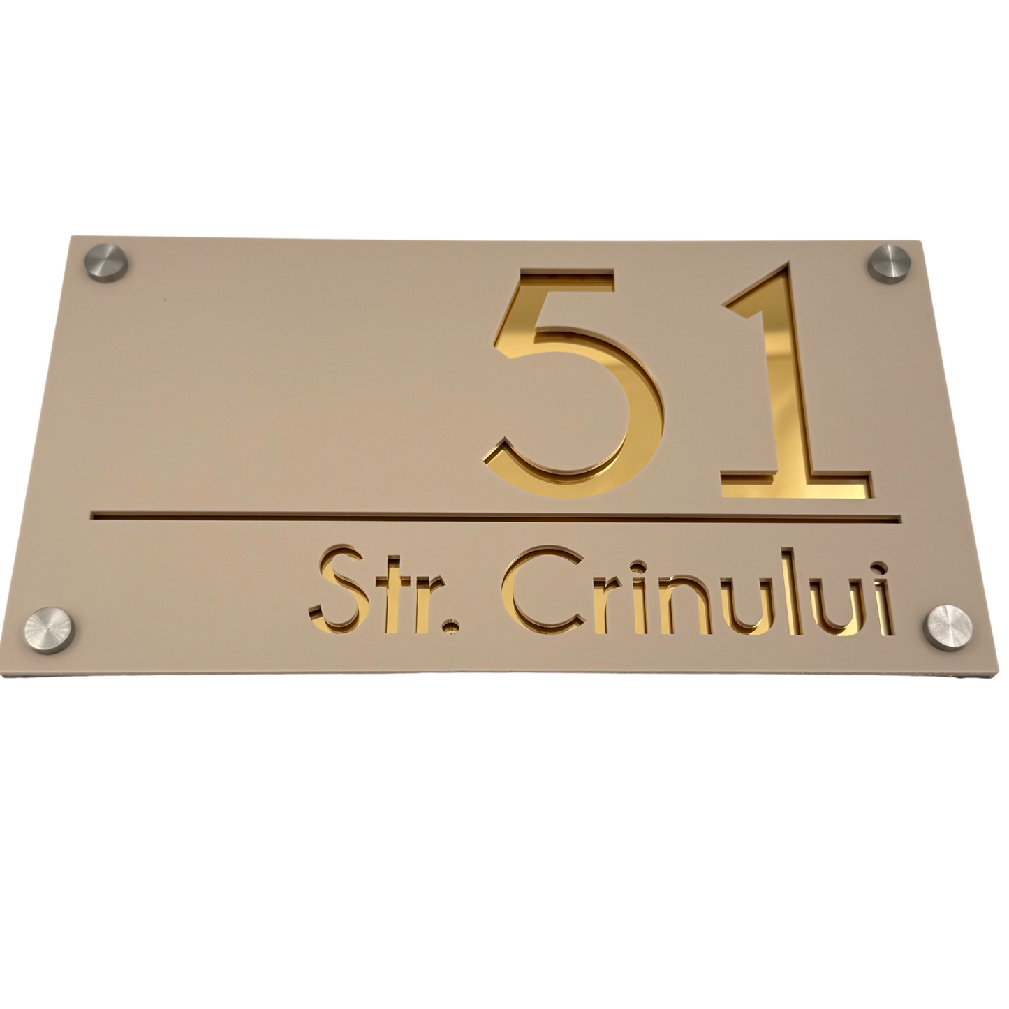 PREMIUM HOUSE NUMBER - Cream colour Satin Gold Mirror 4 Spacers Silver - 28×15 cm