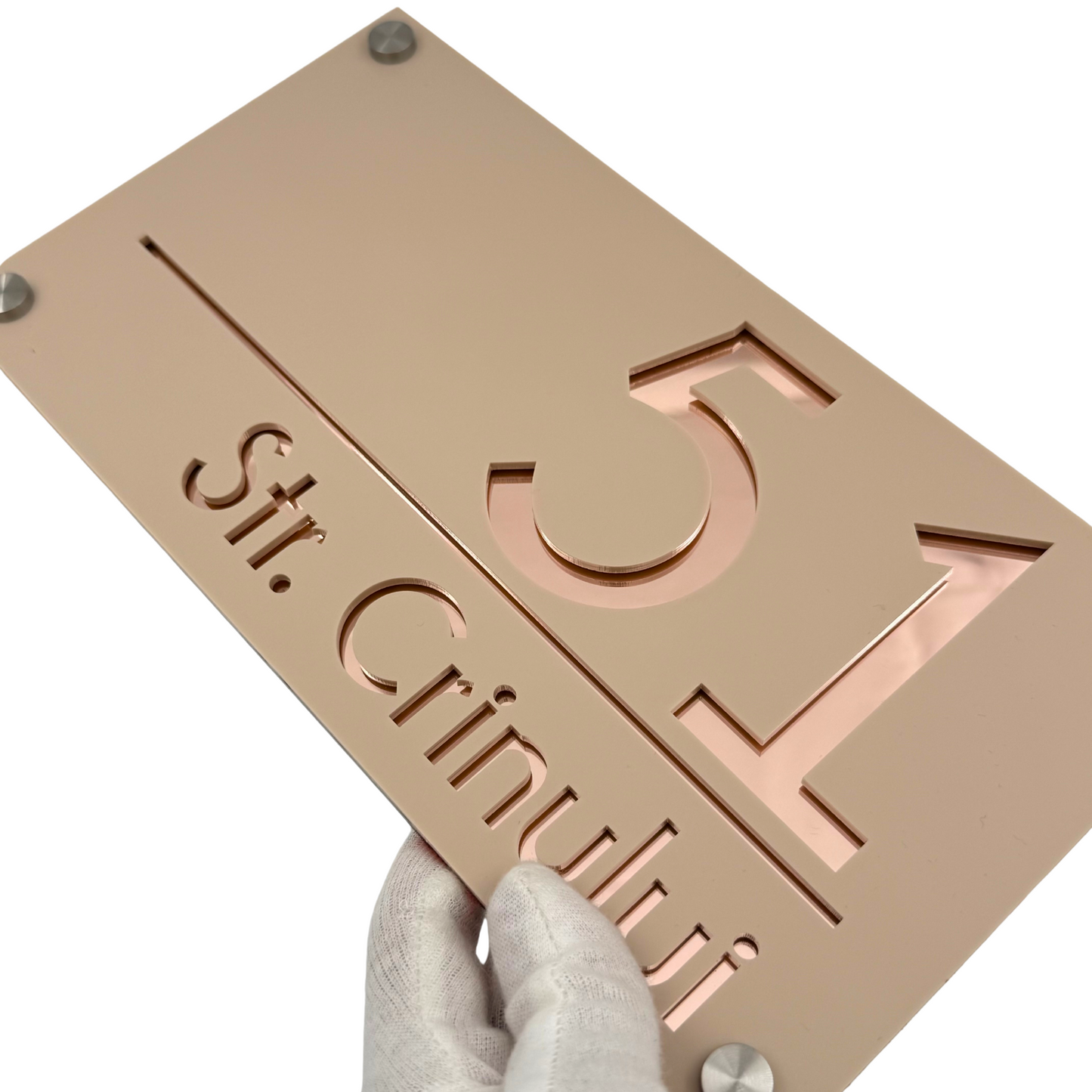 PREMIUM HOUSE NUMBER - Cream colour Satin Rose Gold Mirror 4 Spacers Silver - 28×15 cm