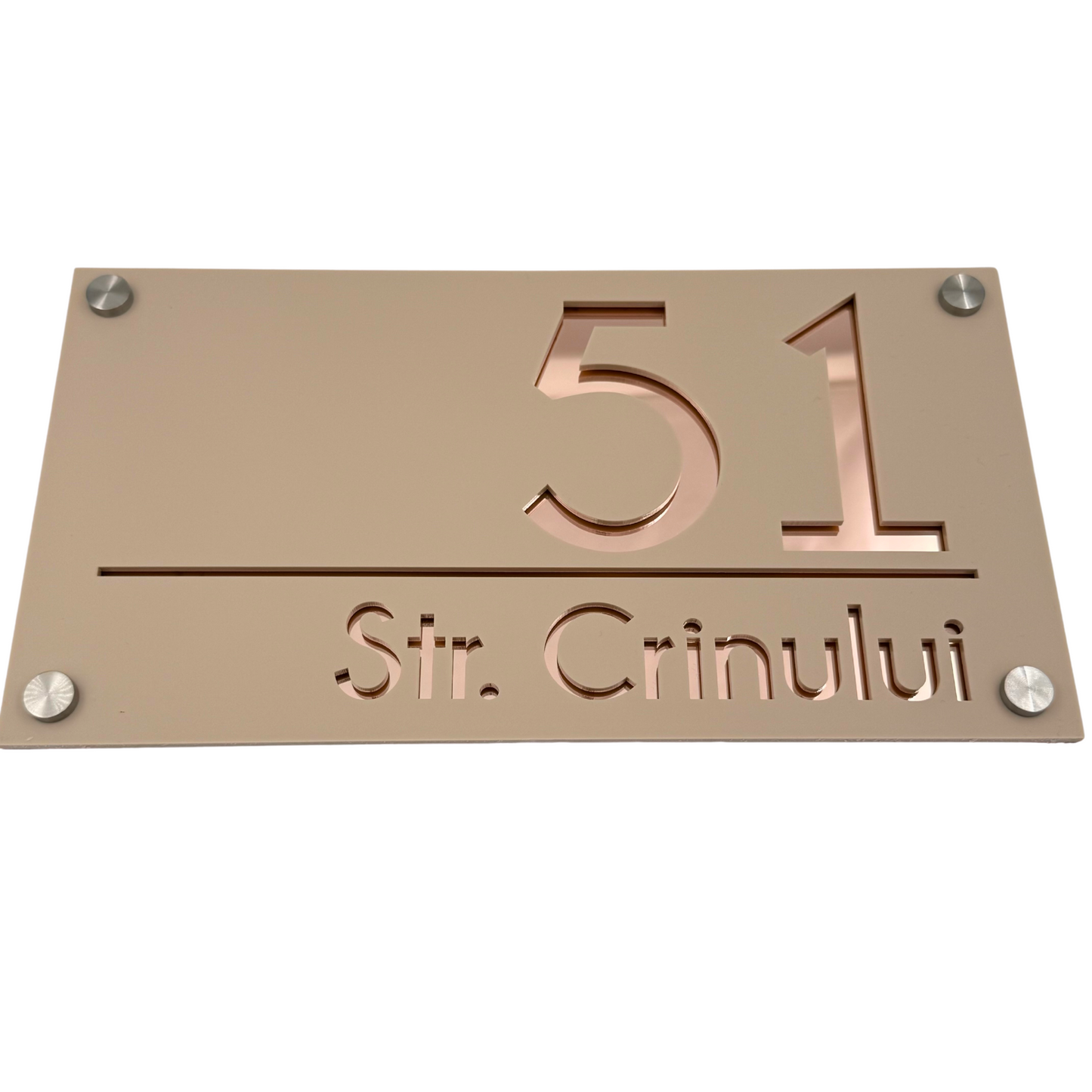 PREMIUM HOUSE NUMBER - Cream colour Satin Rose Gold Mirror 4 Spacers Silver - 28×15 cm
