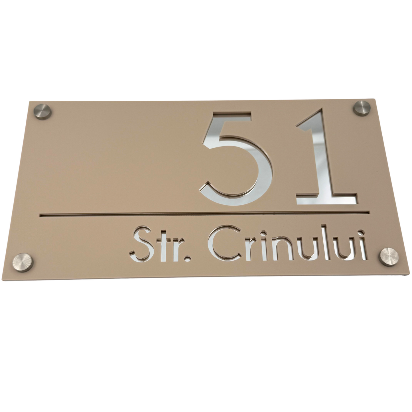 PREMIUM HOUSE NUMBER - Cream colour Satin Silver Mirror 4 Spacers Silver - 28×15 cm
