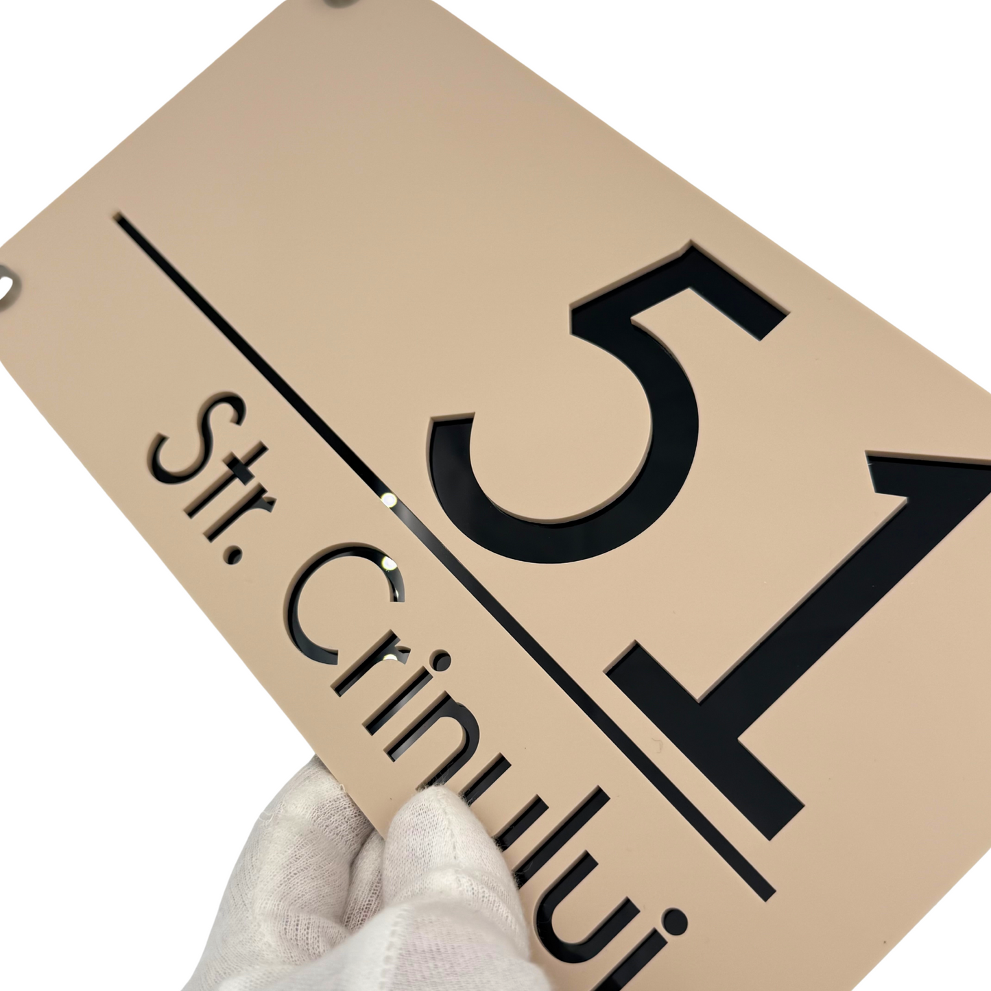 PREMIUM HOUSE NUMBER - Cream colour Satin Glossy Black 4 Spacers Silver - 28×15 cm