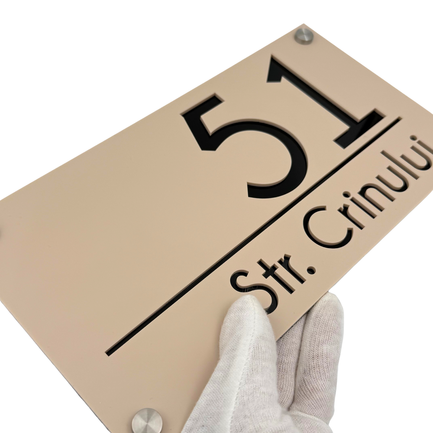 PREMIUM HOUSE NUMBER - Cream colour Satin Glossy Black 4 Spacers Silver - 28×15 cm