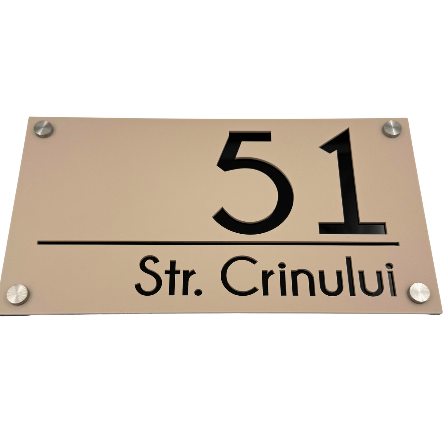 PREMIUM HOUSE NUMBER - Cream colour Satin Glossy Black 4 Spacers Silver - 28×15 cm