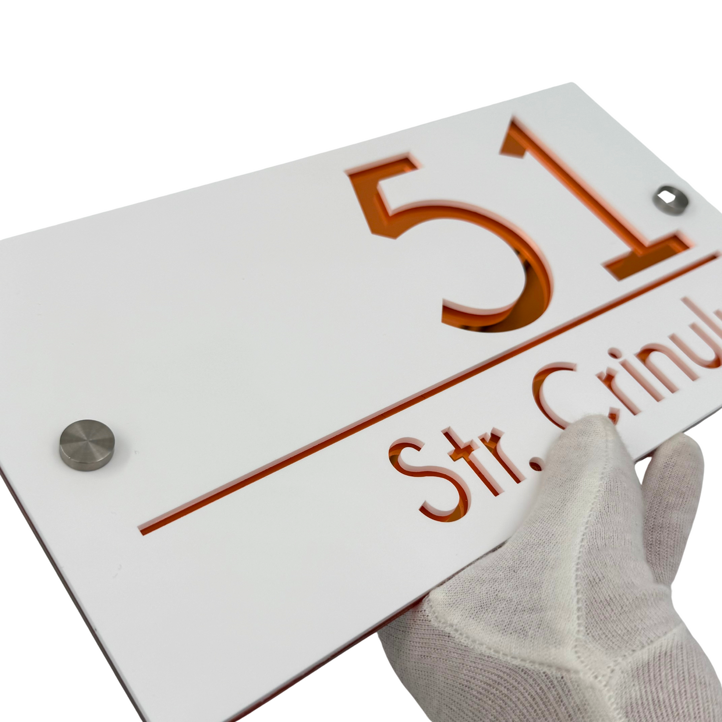 PREMIUM HOUSE NUMBER - White Satin Copper Mirror 2 Spacers Silver - 28×15 cm