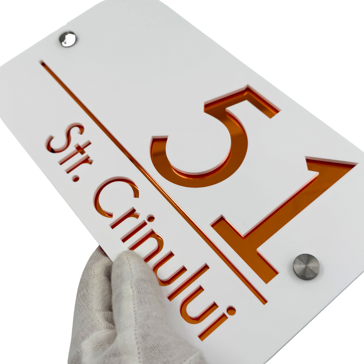 PREMIUM HOUSE NUMBER - White Satin Copper Mirror 2 Spacers Silver - 28×15 cm