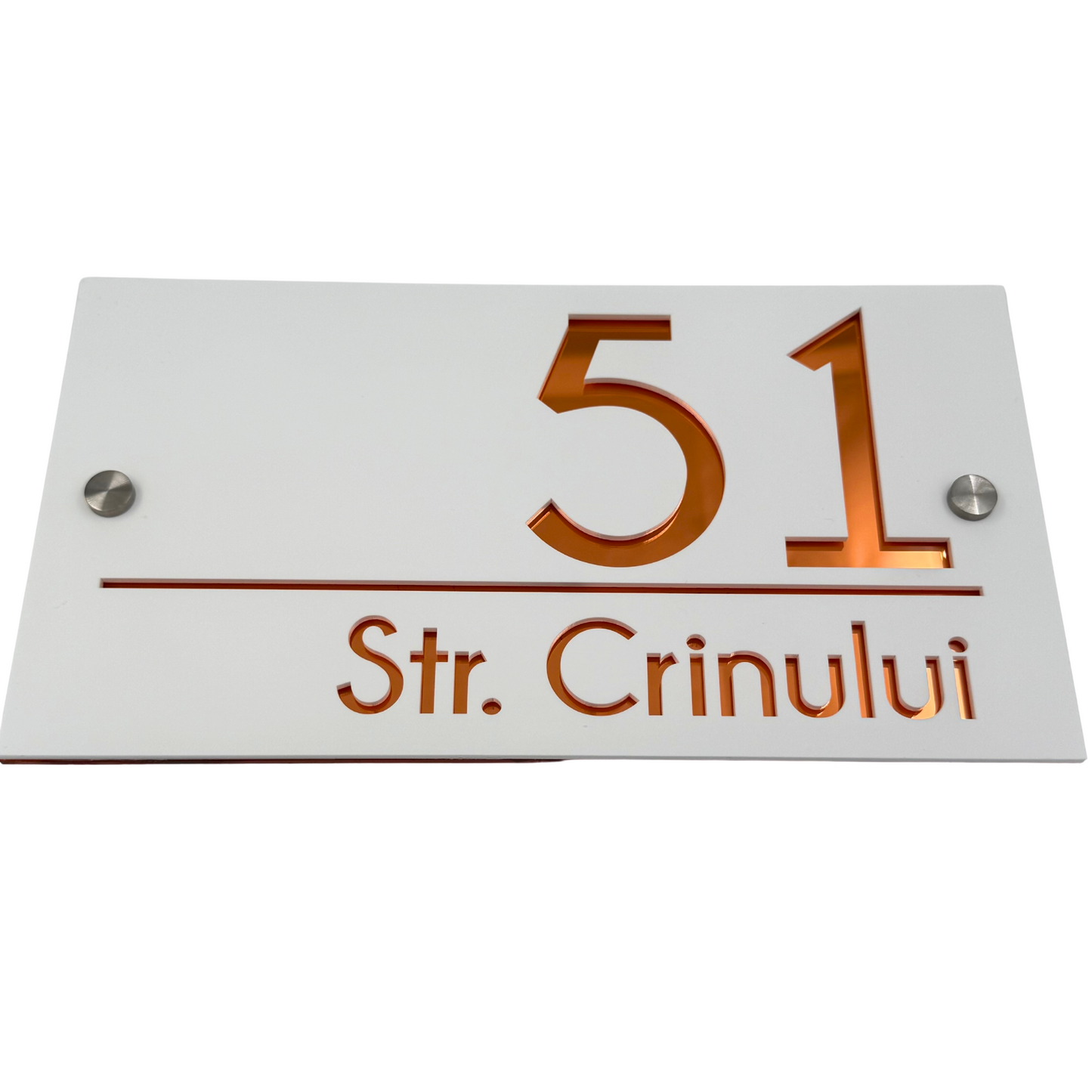 PREMIUM HOUSE NUMBER - White Satin Copper Mirror 2 Spacers Silver - 28×15 cm