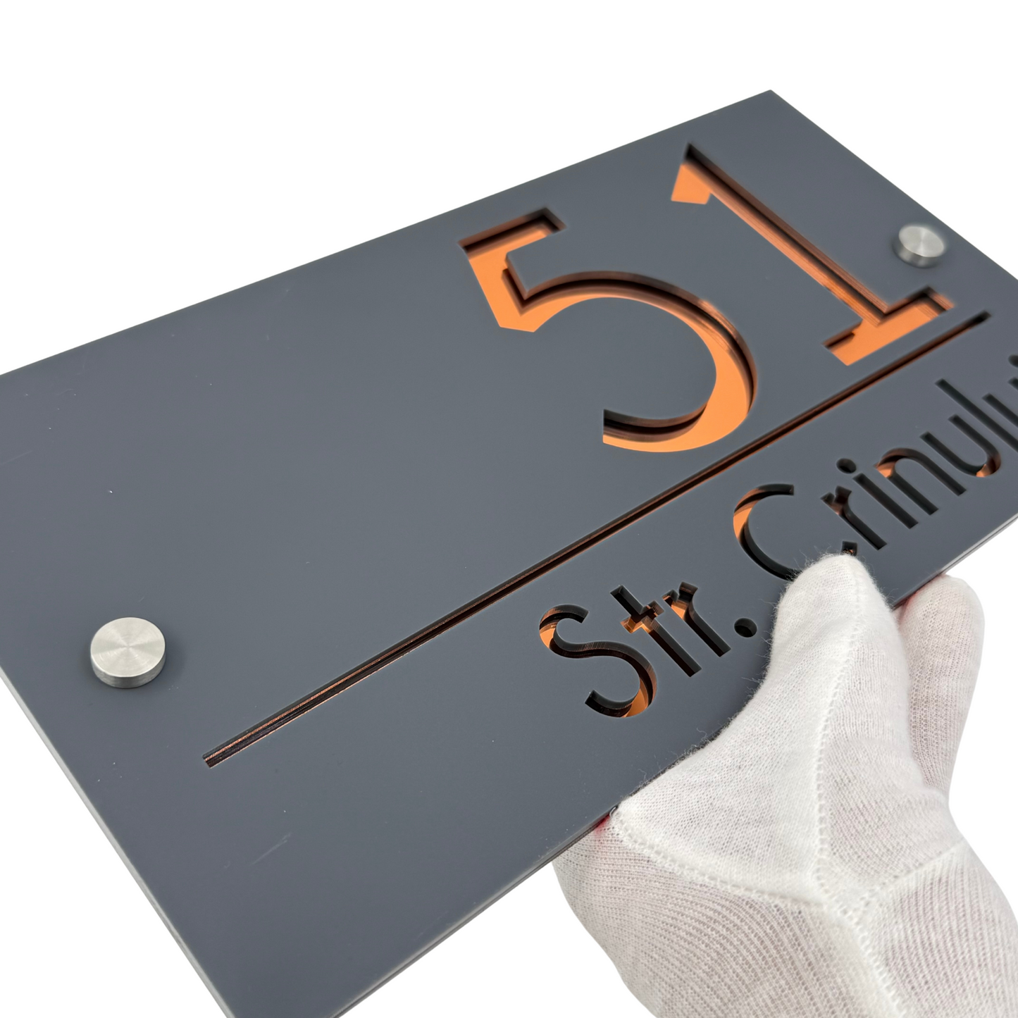 PREMIUM HOUSE NUMBER - Satin Grey Copper Mirror 2 Spacers Silver - 28×15 cm
