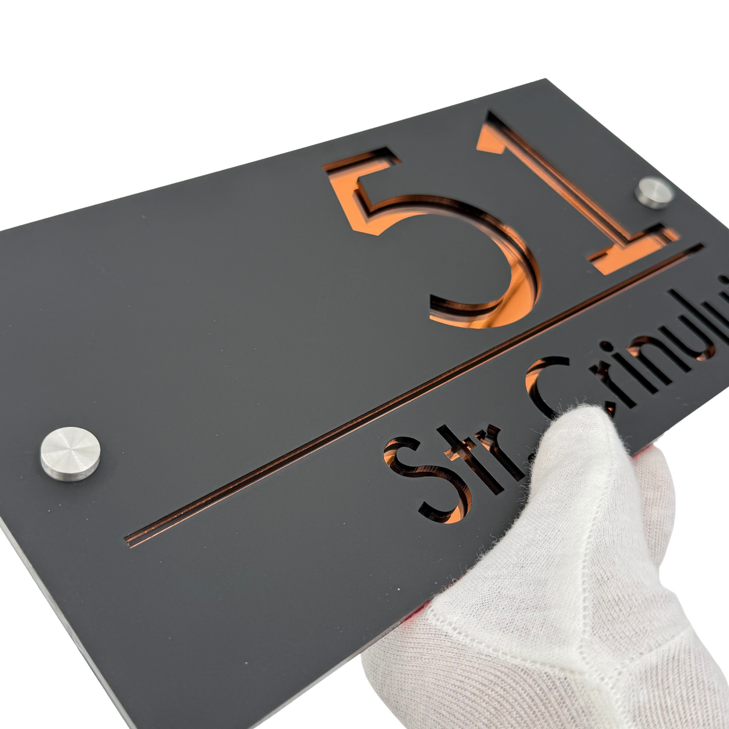 PREMIUM HOUSE NUMBER - Satin Black Copper Mirror 2 Spacers Silver - 28×15 cm