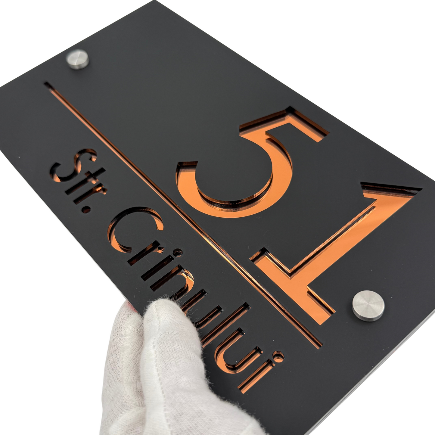 PREMIUM HOUSE NUMBER - Satin Black Copper Mirror 2 Spacers Silver - 28×15 cm