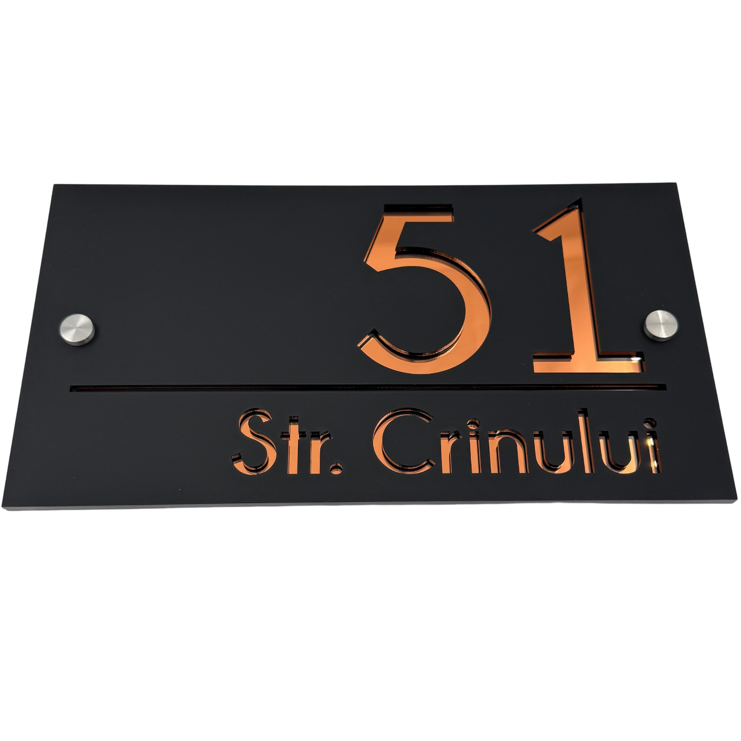 PREMIUM HOUSE NUMBER - Satin Black Copper Mirror 2 Spacers Silver - 28×15 cm