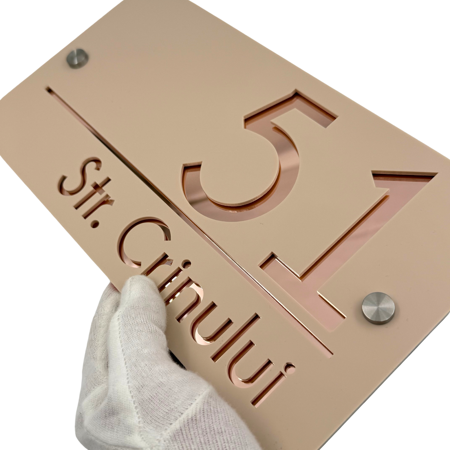 PREMIUM HOUSE NUMBER - Cream colour Satin Rose Gold Mirror 2 Spacers Silver - 28×15 cm