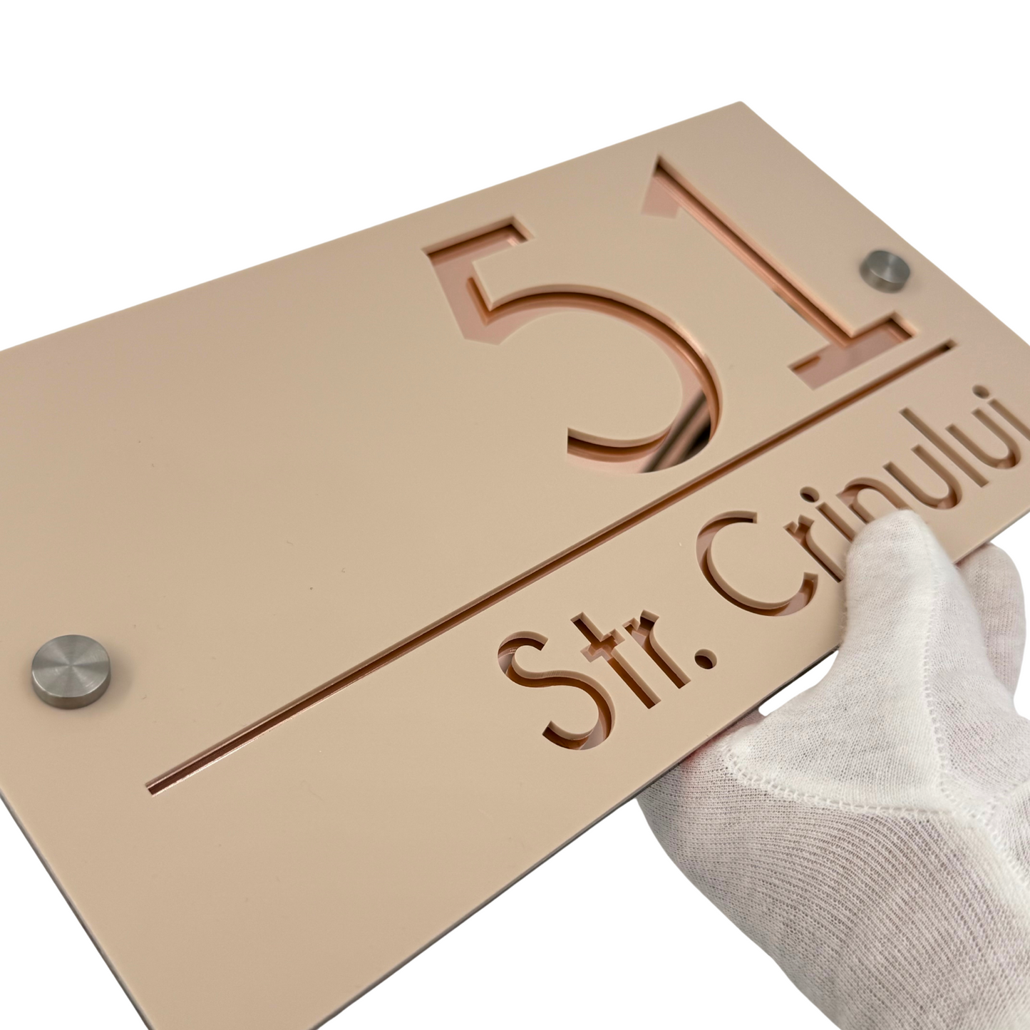 PREMIUM HOUSE NUMBER - Cream colour Satin Rose Gold Mirror 2 Spacers Silver - 28×15 cm