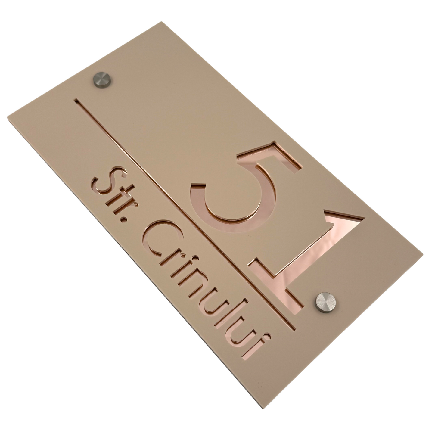 PREMIUM HOUSE NUMBER - Cream colour Satin Rose Gold Mirror 2 Spacers Silver - 28×15 cm