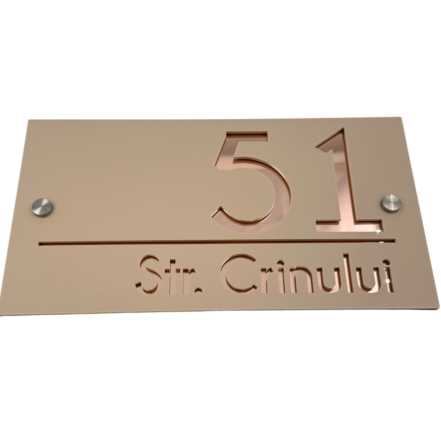 PREMIUM HOUSE NUMBER - Cream colour Satin Rose Gold Mirror 2 Spacers Silver - 28×15 cm