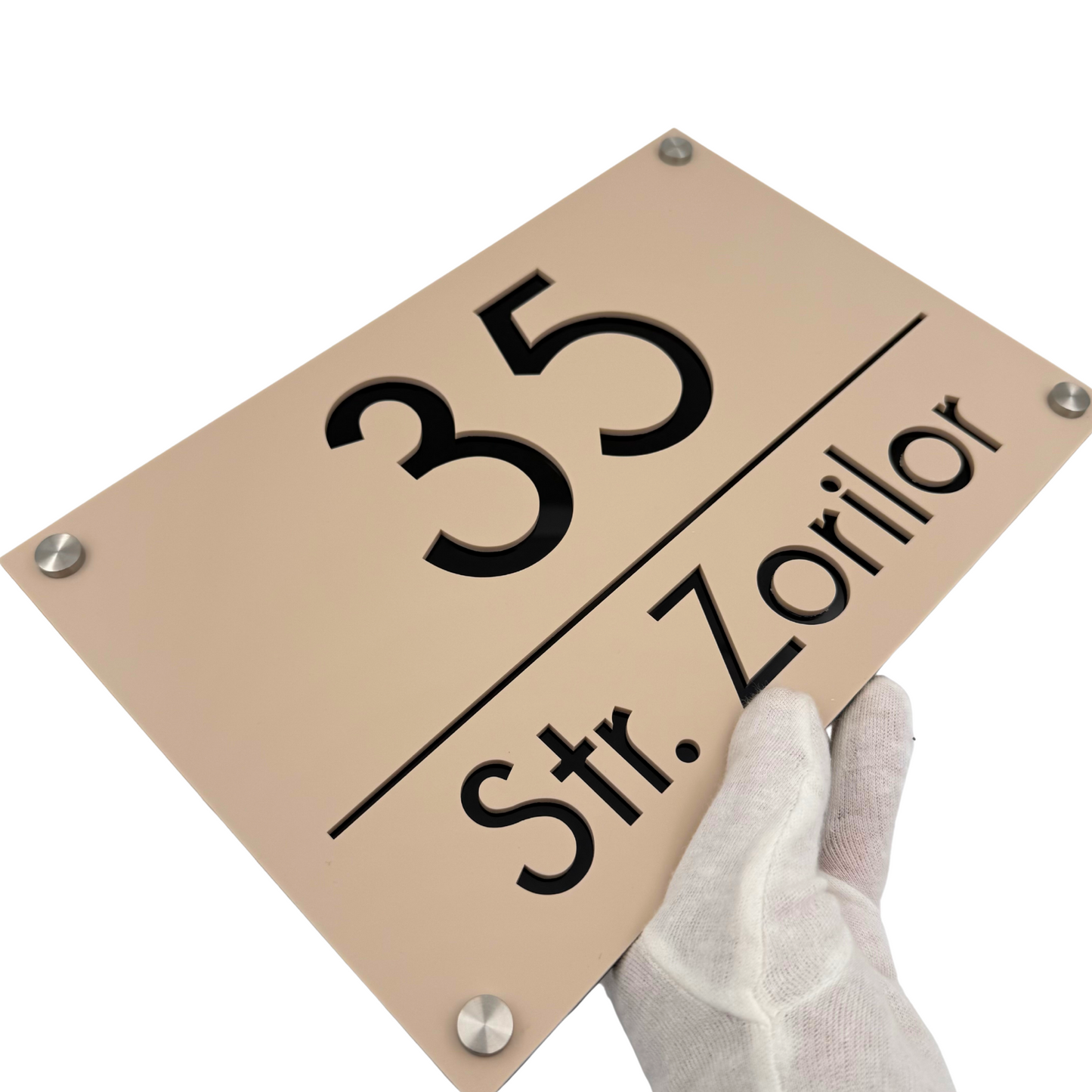 PREMIUM HOUSE NUMBER - Cream colour Satin Glossy Black 4 Spacers Silver - 30×20 cm