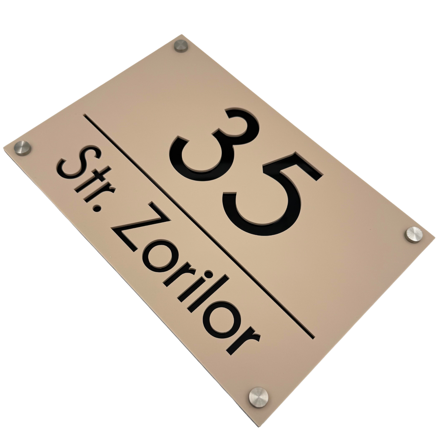 PREMIUM HOUSE NUMBER - Cream colour Satin Glossy Black 4 Spacers Silver - 30×20 cm