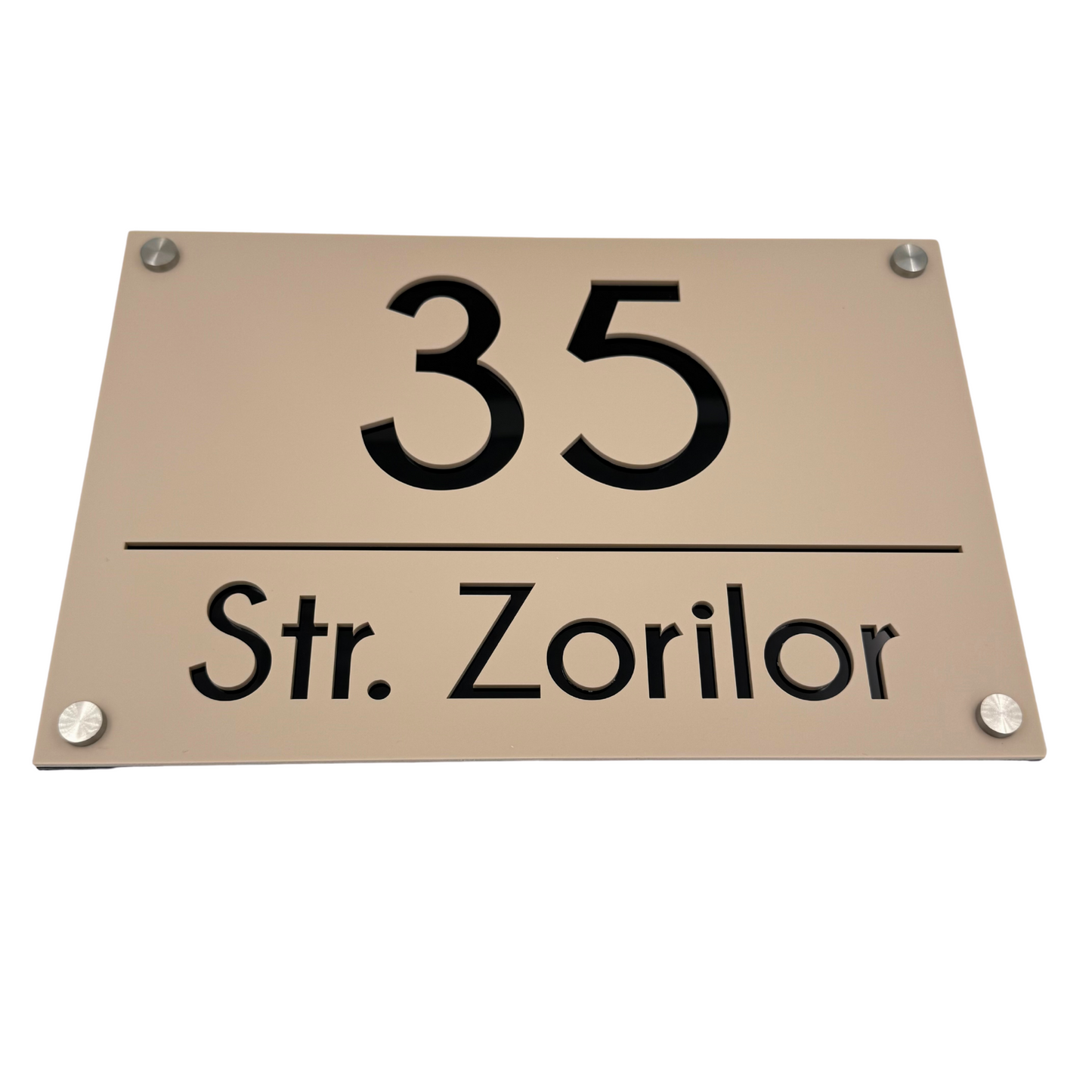 PREMIUM HOUSE NUMBER - Cream colour Satin Glossy Black 4 Spacers Silver - 30×20 cm