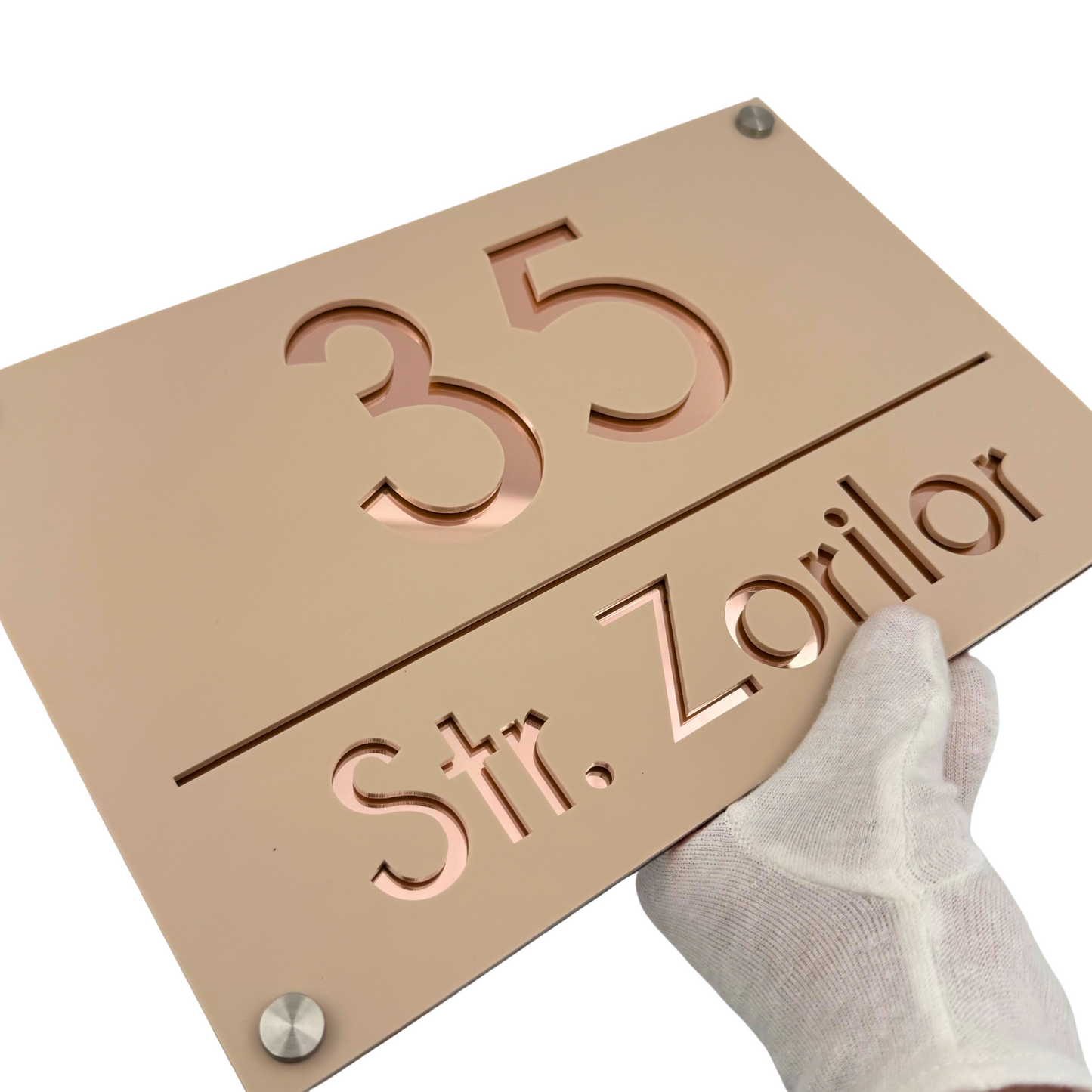 PREMIUM HOUSE NUMBER - Cream colour Satin Rose Gold Mirror 4 Spacers Silver - 30×20 cm
