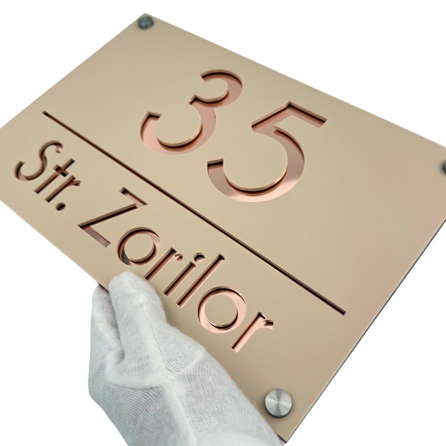 PREMIUM HOUSE NUMBER - Cream colour Satin Rose Gold Mirror 4 Spacers Silver - 30×20 cm