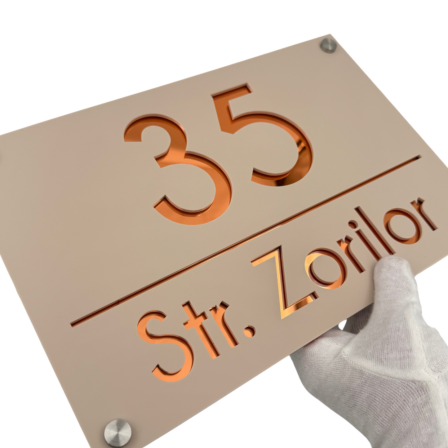 PREMIUM HOUSE NUMBER - Cream colour Satin Copper Mirror 4 Spacers Silver - 30×20 cm