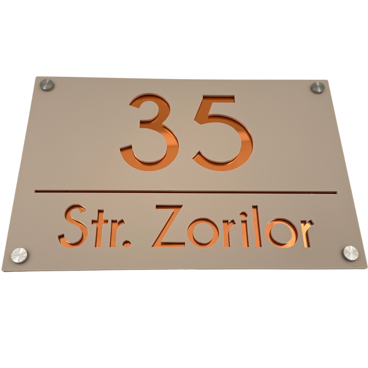 PREMIUM HOUSE NUMBER - Cream colour Satin Copper Mirror 4 Spacers Silver - 30×20 cm