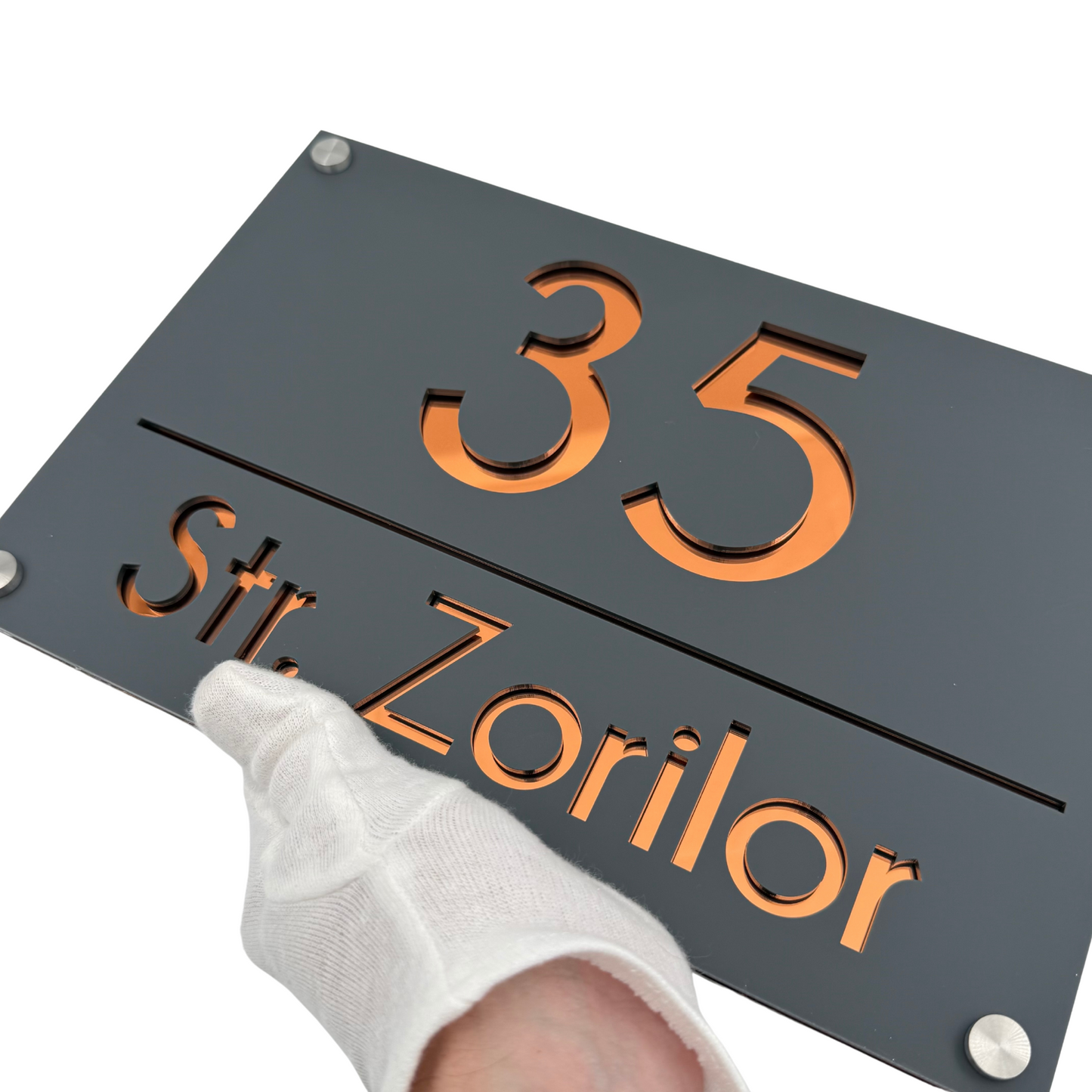 PREMIUM HOUSE NUMBER - Satin Grey Copper Mirror 4 Spacers Silver - 30×20 cm