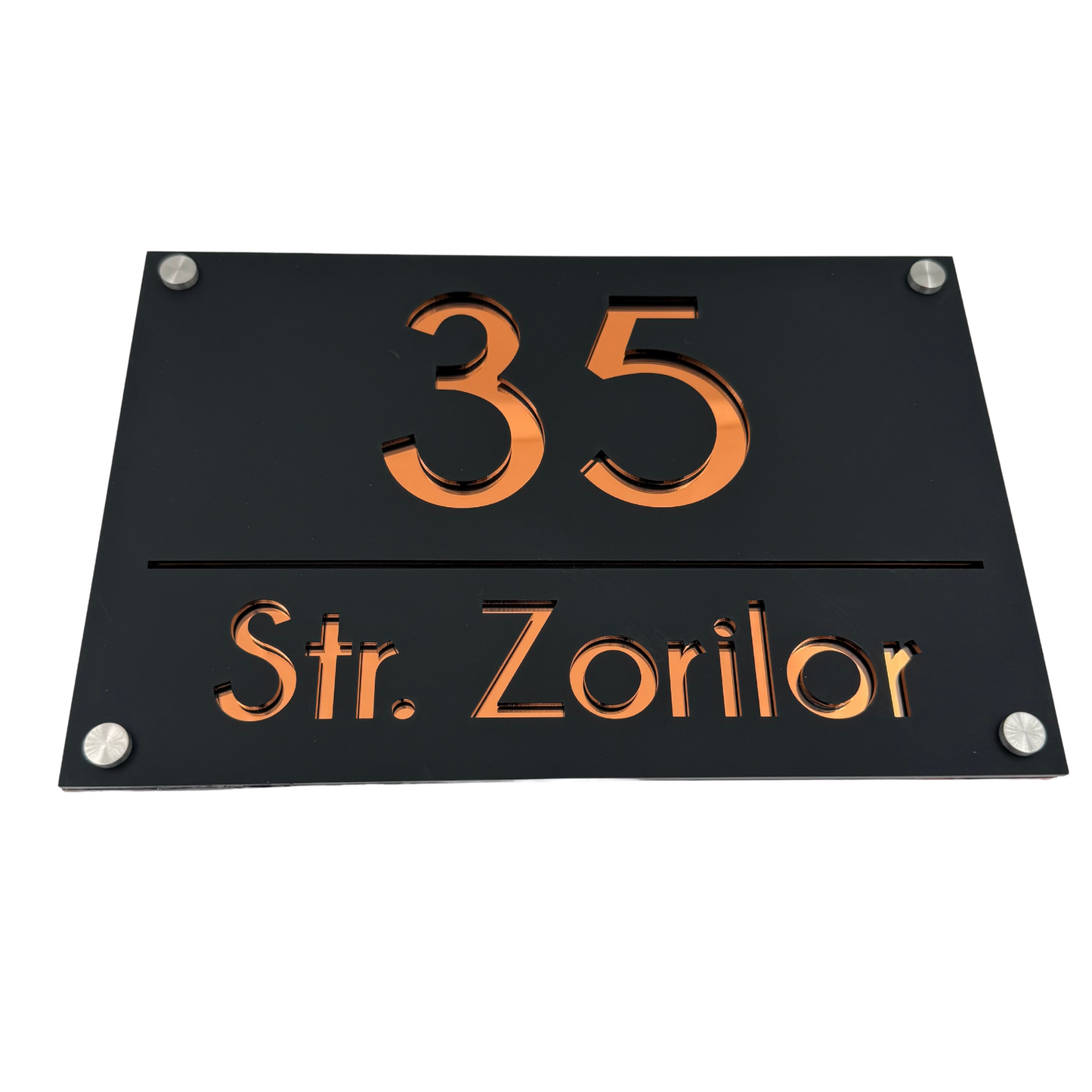 PREMIUM HOUSE NUMBER - Satin Black Copper Mirror 4 Spacers Silver - 30×20 cm