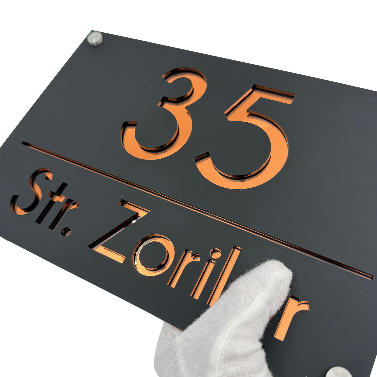 PREMIUM HOUSE NUMBER - Satin Black Copper Mirror 4 Spacers Silver - 30×20 cm