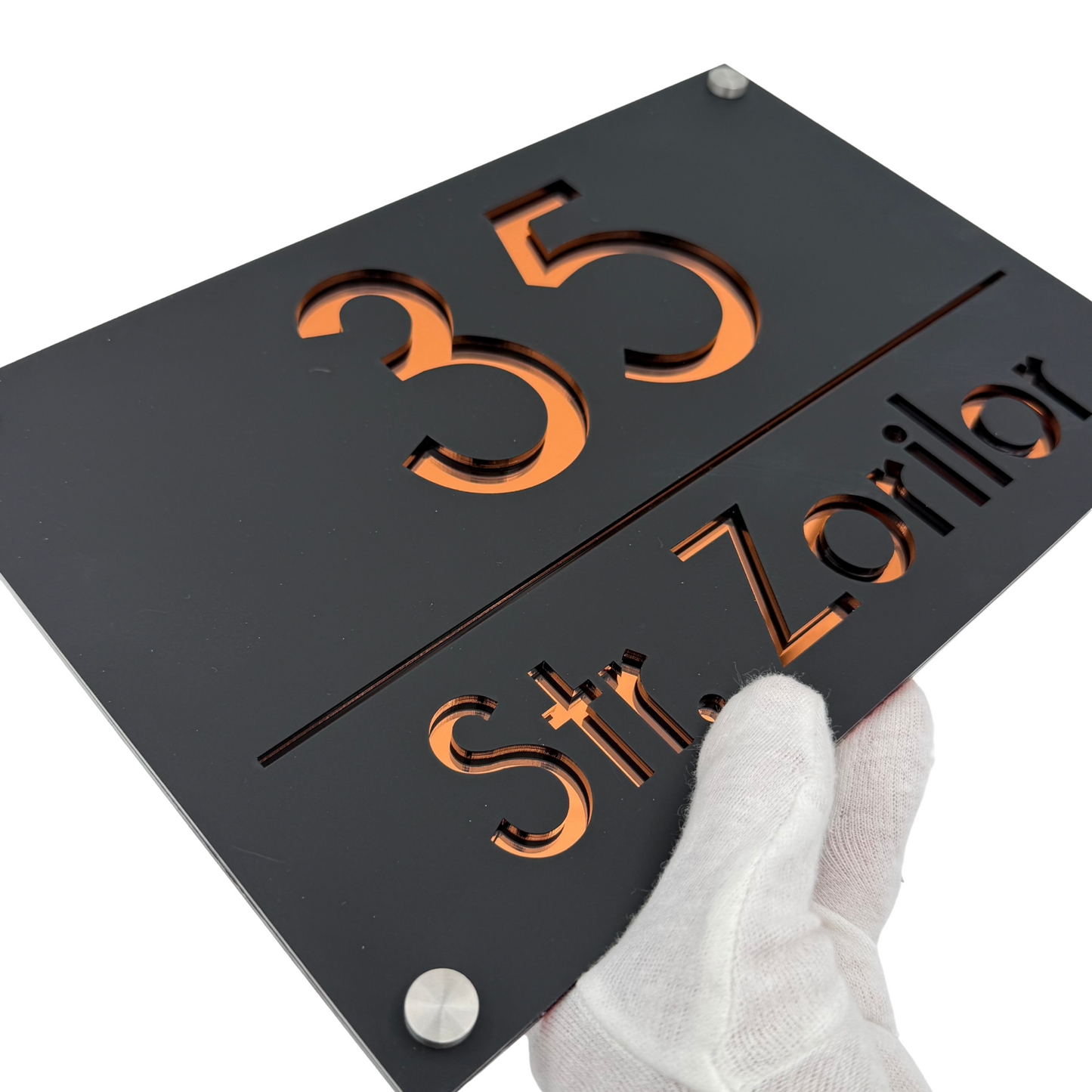 PREMIUM HOUSE NUMBER - Satin Black Copper Mirror 4 Spacers Silver - 30×20 cm