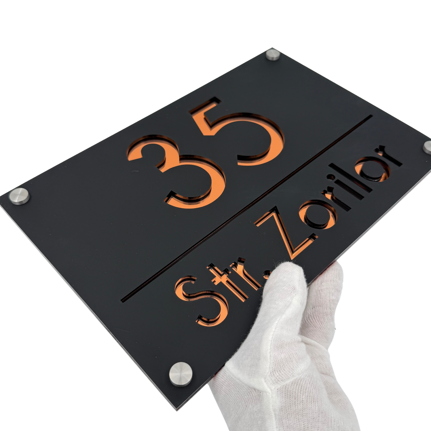 PREMIUM HOUSE NUMBER - Satin Black Copper Mirror 4 Spacers Silver - 30×20 cm