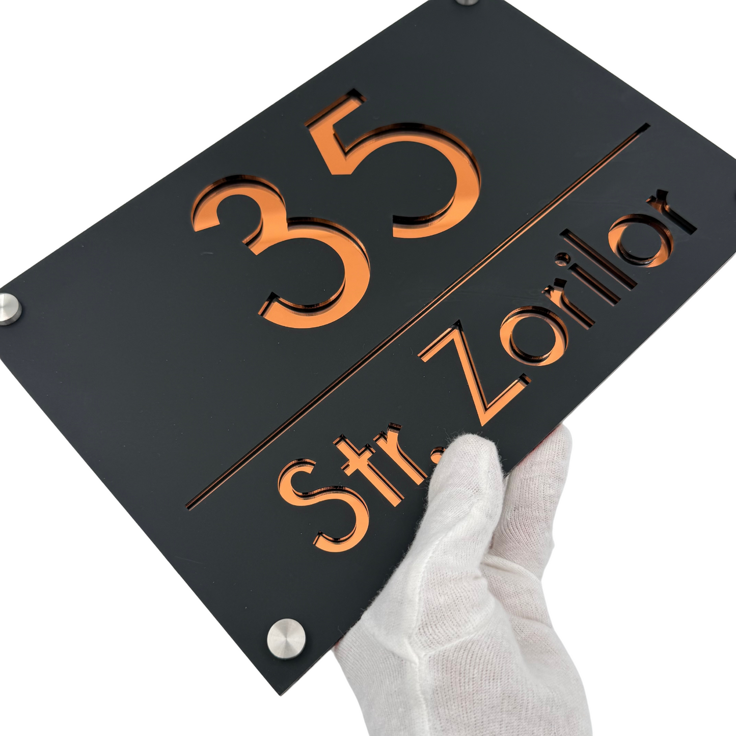 PREMIUM HOUSE NUMBER - Satin Black Copper Mirror 4 Spacers Silver - 30×20 cm