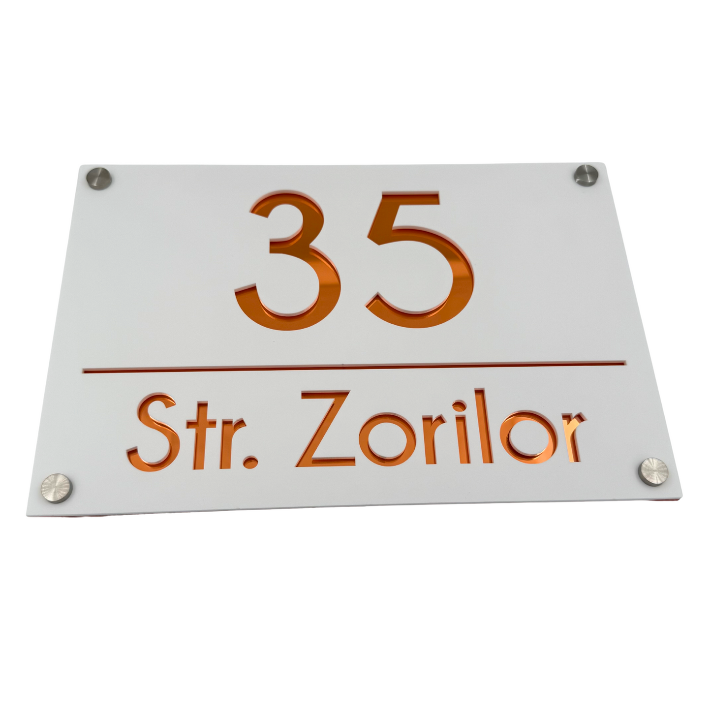 PREMIUM HOUSE NUMBER - White Satin Copper Mirror 4 Spacers Silver - 30×20 cm