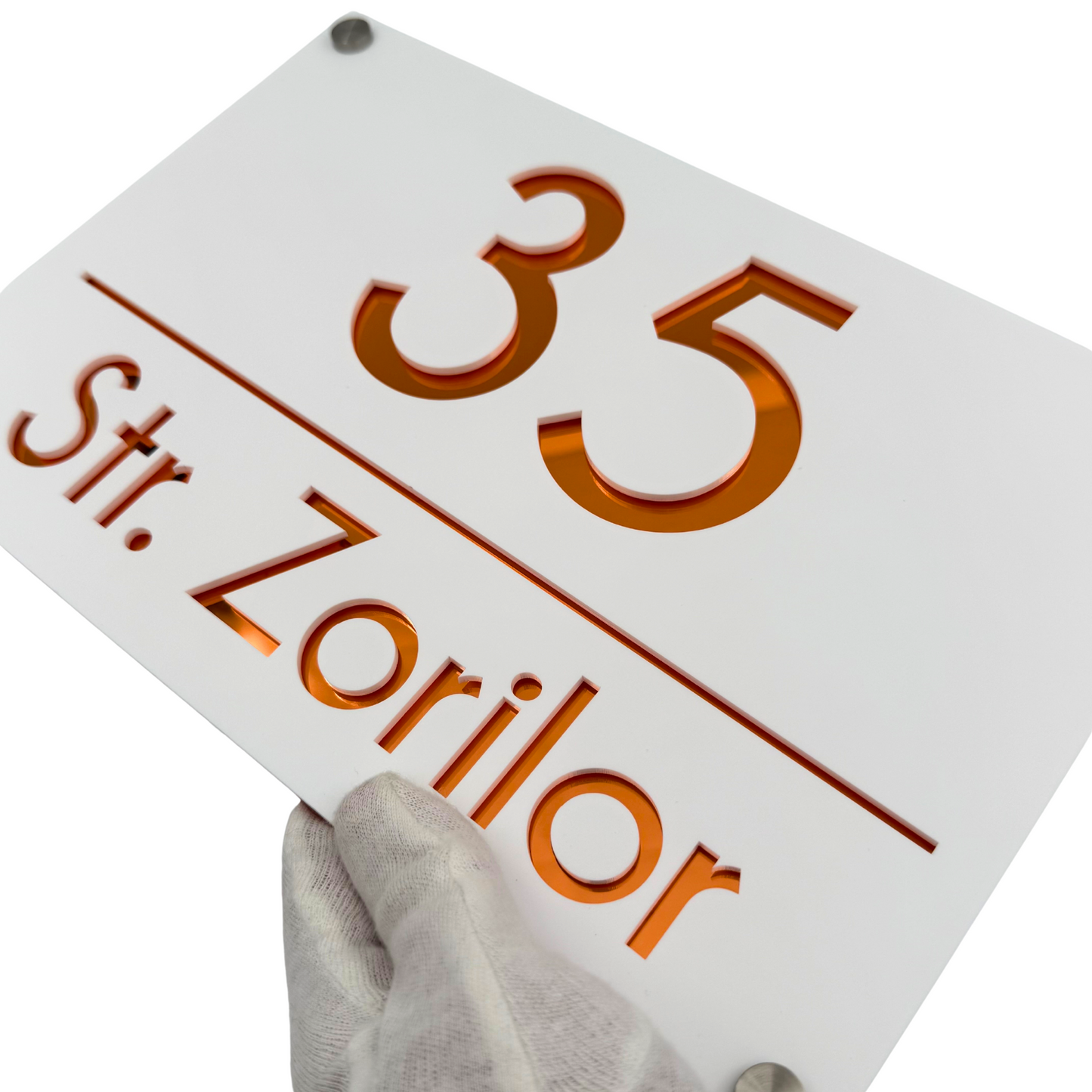 PREMIUM HOUSE NUMBER - White Satin Copper Mirror 4 Spacers Silver - 30×20 cm