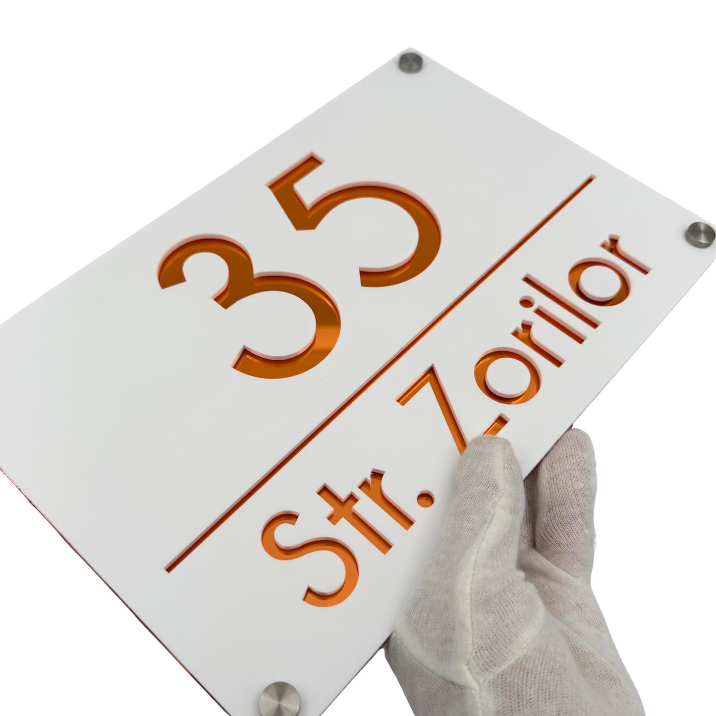 PREMIUM HOUSE NUMBER - White Satin Copper Mirror 4 Spacers Silver - 30×20 cm