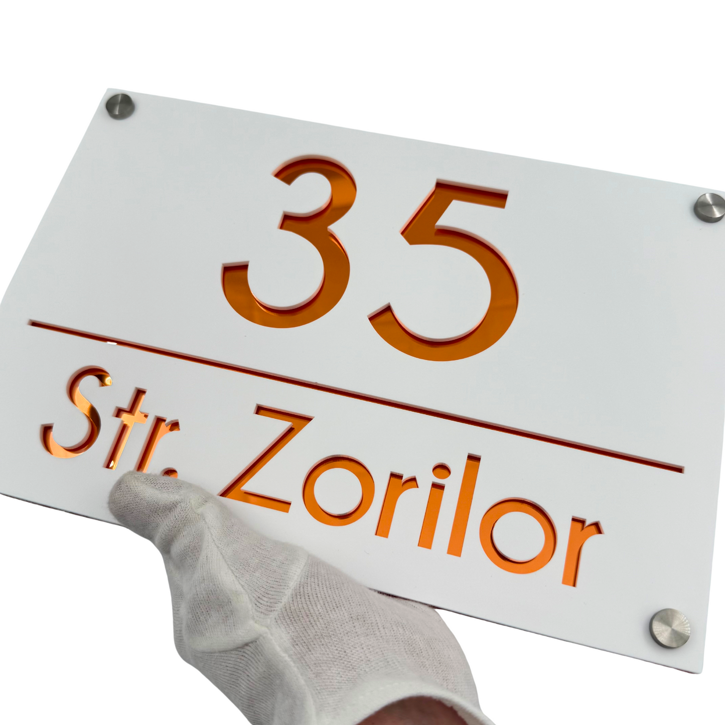 PREMIUM HOUSE NUMBER - White Satin Copper Mirror 4 Spacers Silver - 30×20 cm