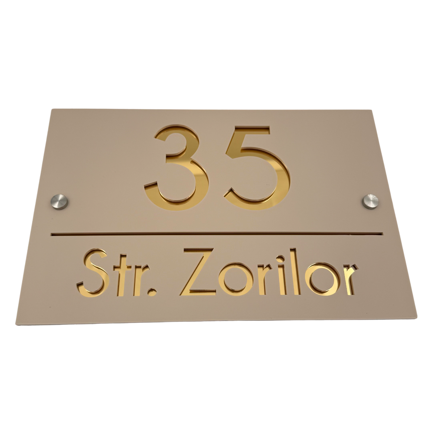 PREMIUM HOUSE NUMBER - Cream colour Satin Gold Mirror 2 Spacers Silver - 30×20 cm