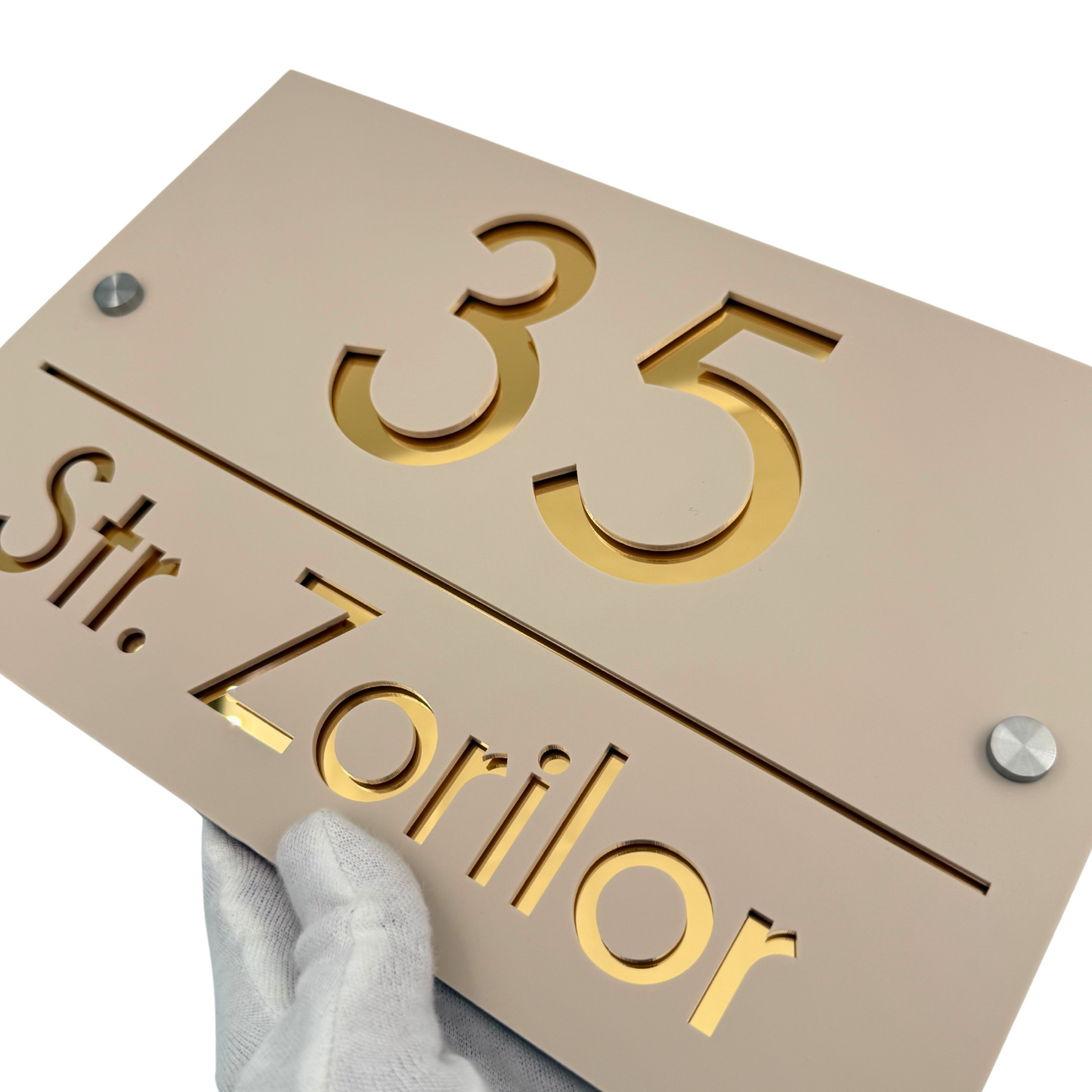 PREMIUM HOUSE NUMBER - Cream colour Satin Gold Mirror 2 Spacers Silver - 30×20 cm