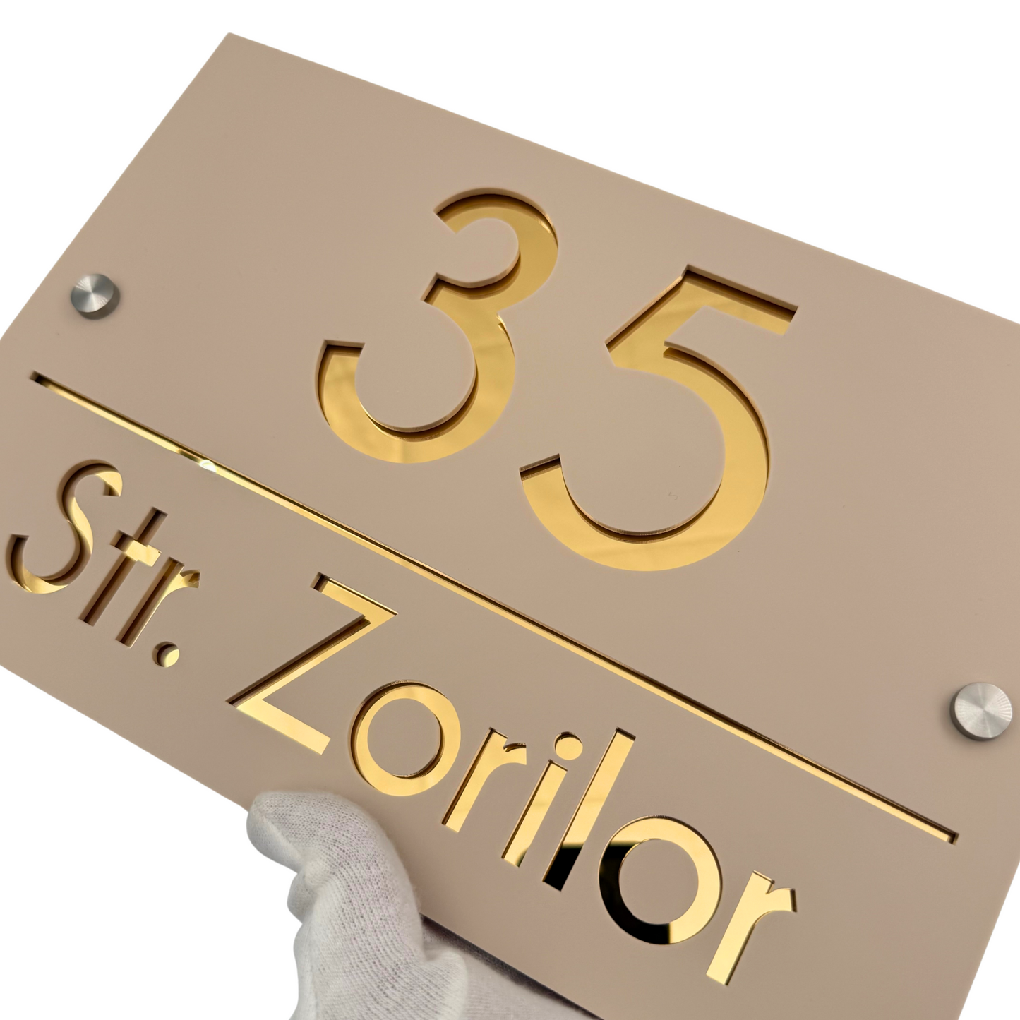 PREMIUM HOUSE NUMBER - Cream colour Satin Gold Mirror 2 Spacers Silver - 30×20 cm