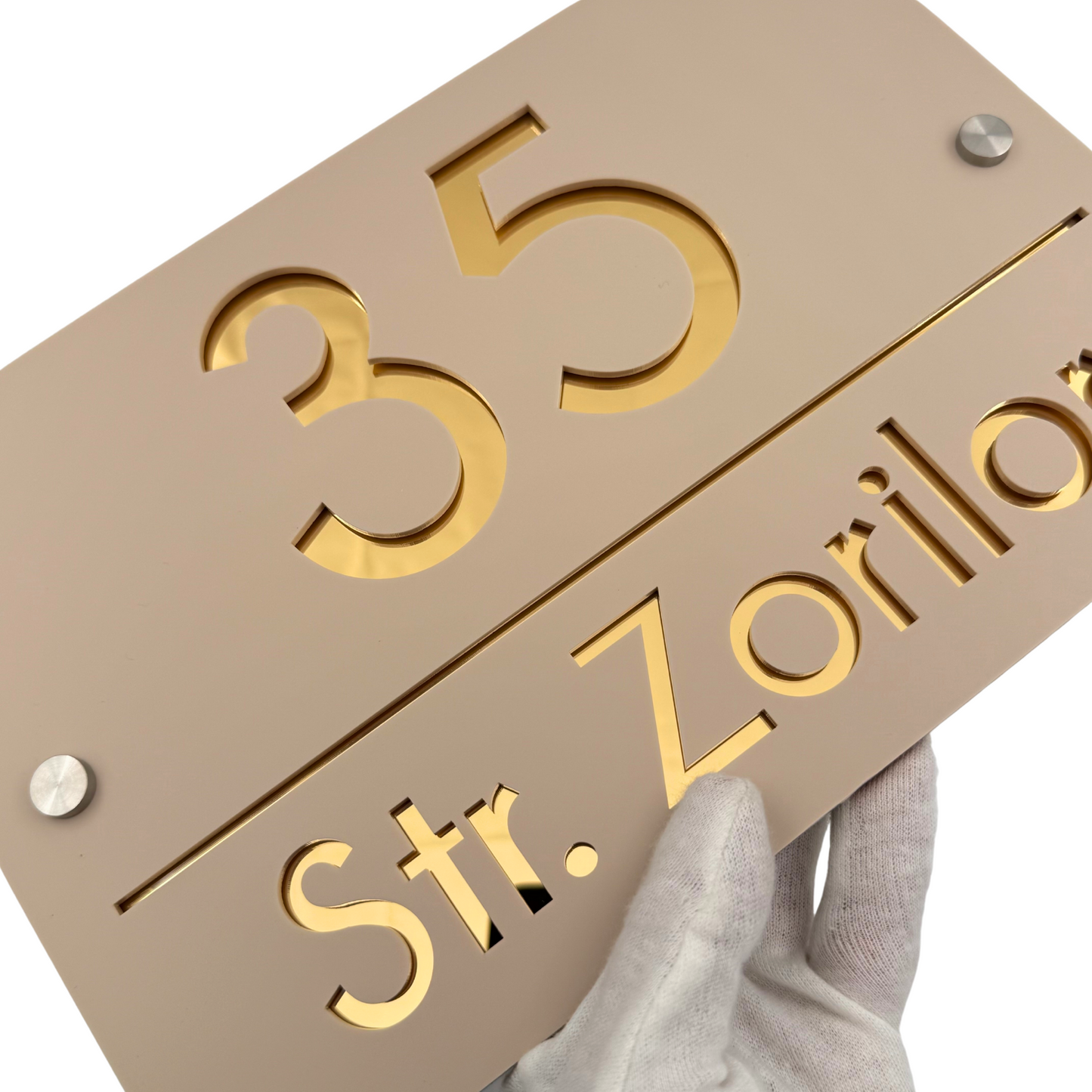 PREMIUM HOUSE NUMBER - Cream colour Satin Gold Mirror 2 Spacers Silver - 30×20 cm