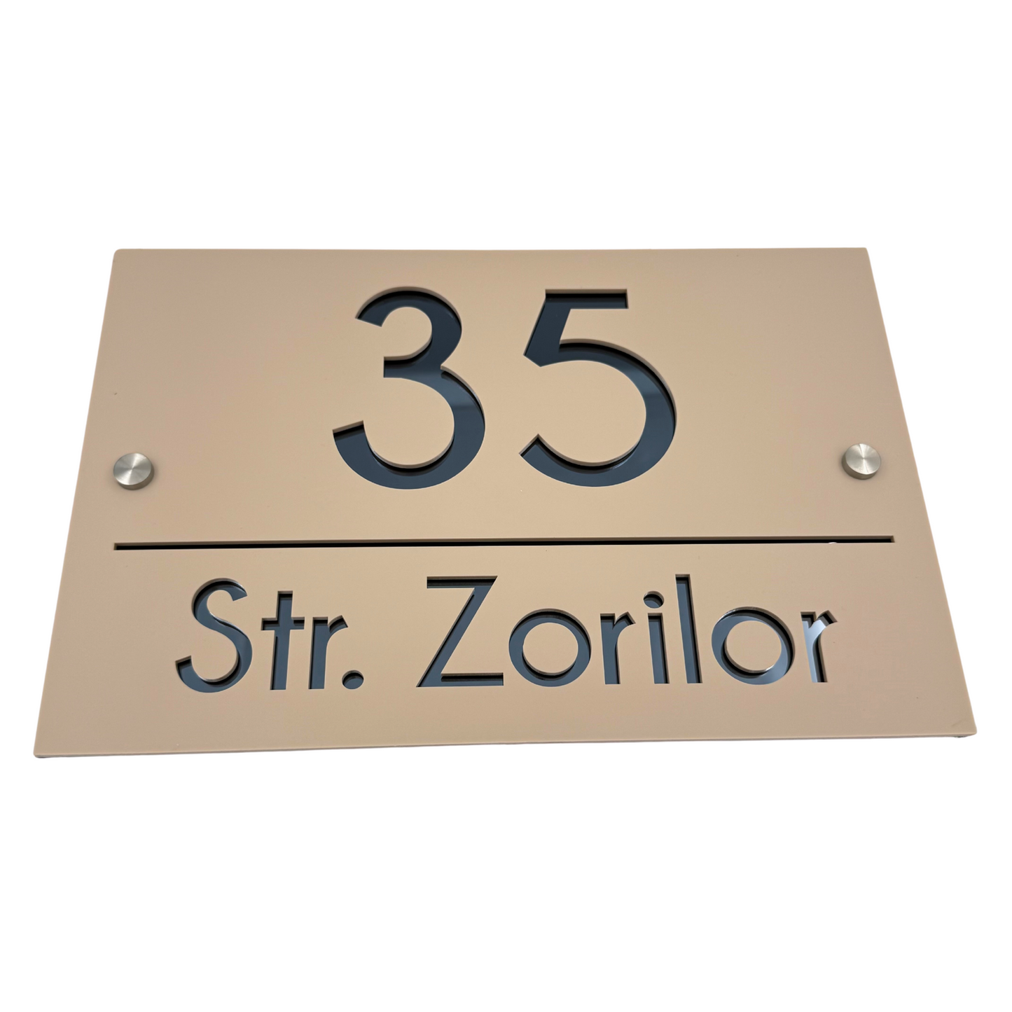 PREMIUM HOUSE NUMBER - Cream colour Satin Anthracite Grey Mirror 2 Spacers Silver - 30×20 cm