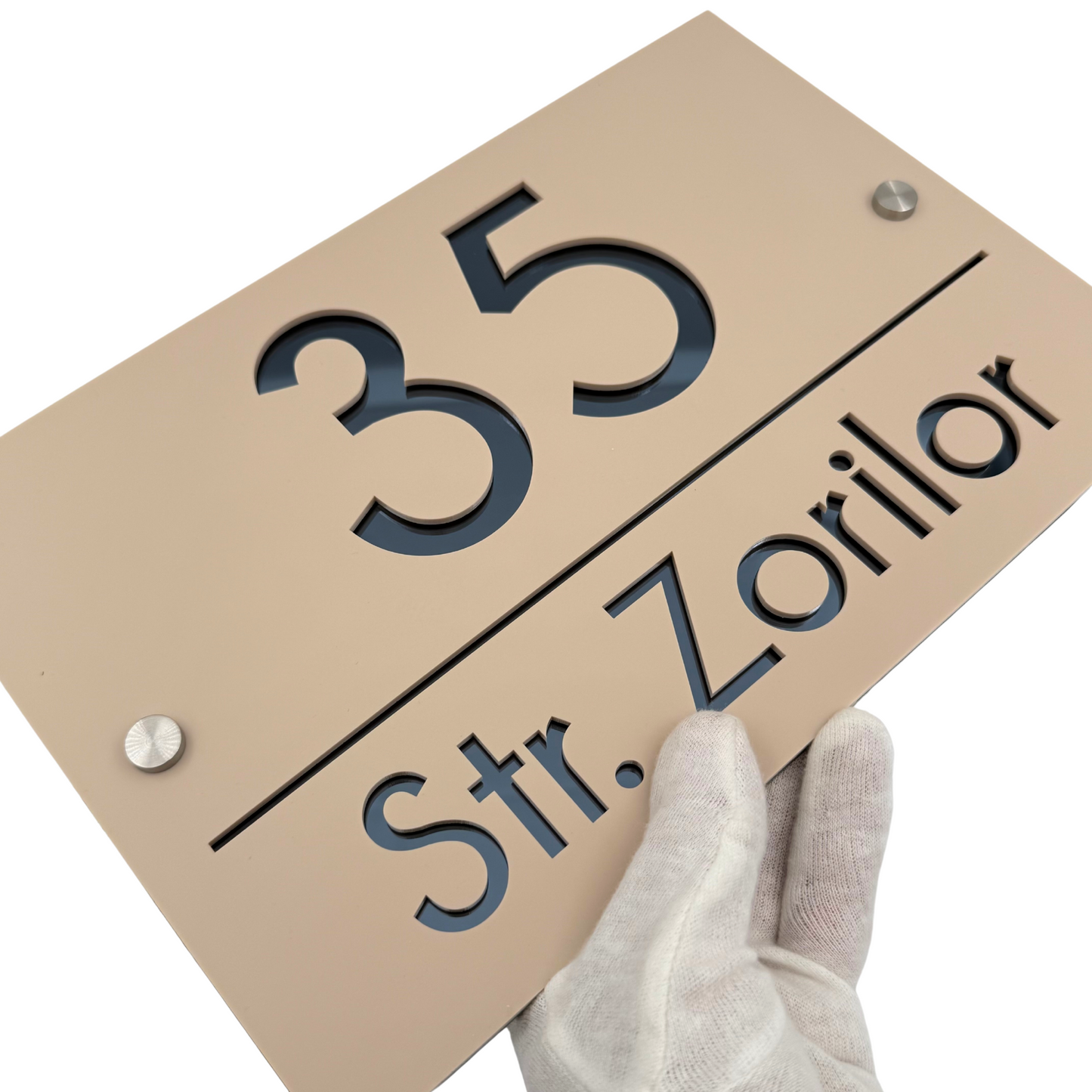PREMIUM HOUSE NUMBER - Cream colour Satin Anthracite Grey Mirror 2 Spacers Silver - 30×20 cm
