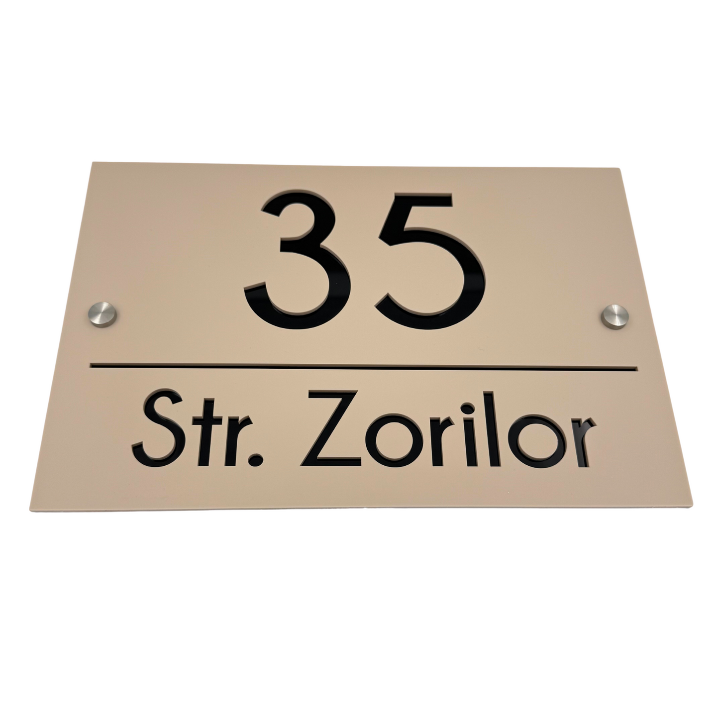 PREMIUM HOUSE NUMBER - Cream colour Satin Glossy Black 2 Spacers Silver - 30×20 cm