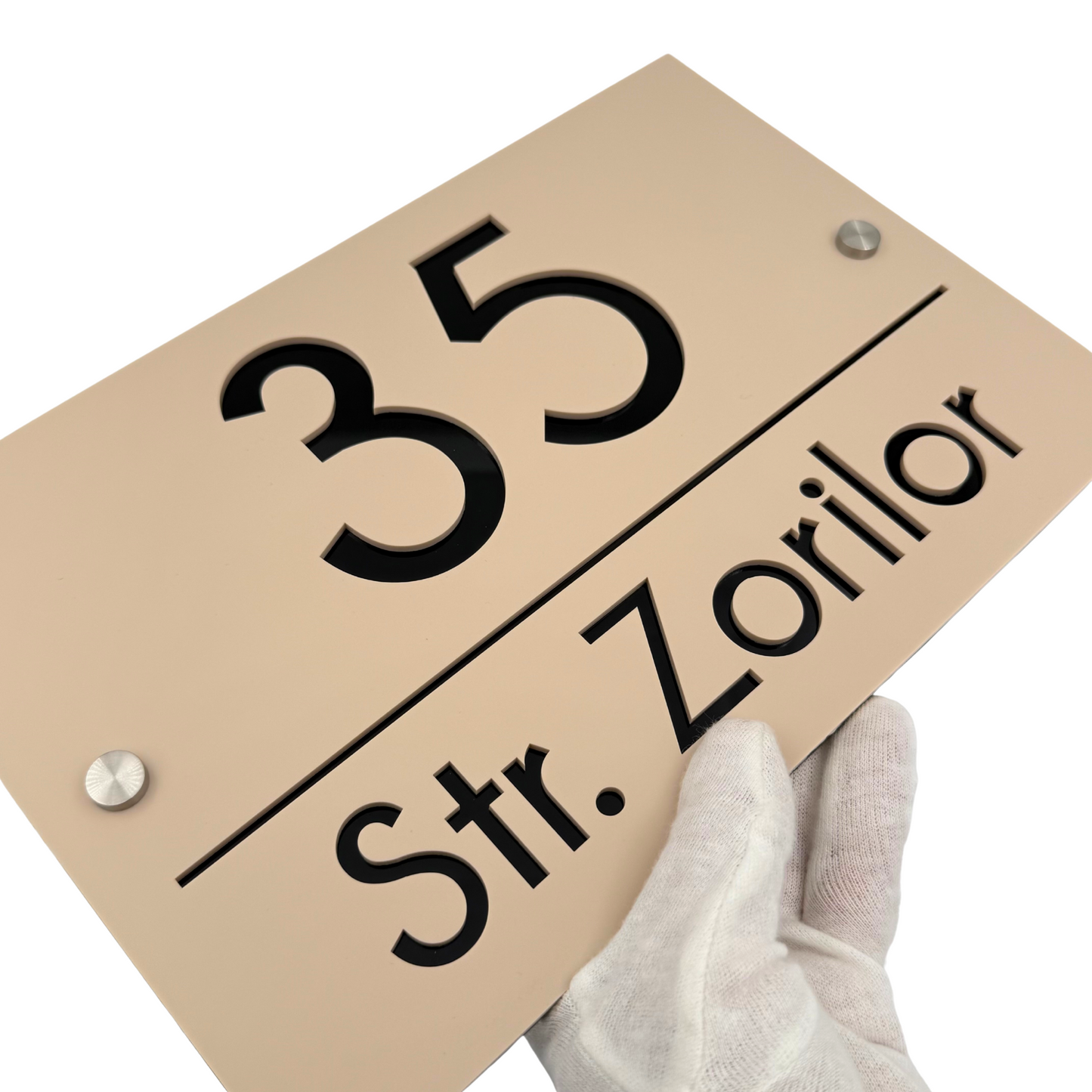 PREMIUM HOUSE NUMBER - Cream colour Satin Glossy Black 2 Spacers Silver - 30×20 cm