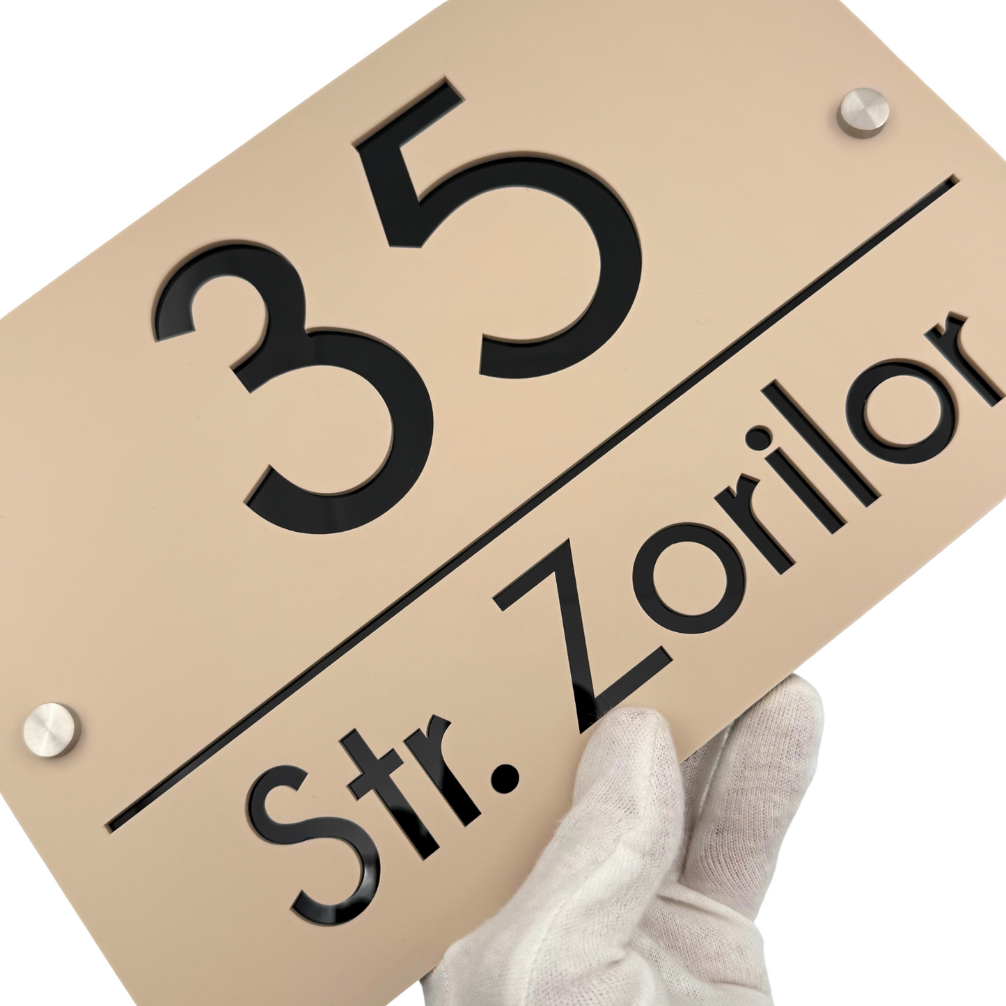 PREMIUM HOUSE NUMBER - Cream colour Satin Glossy Black 2 Spacers Silver - 30×20 cm