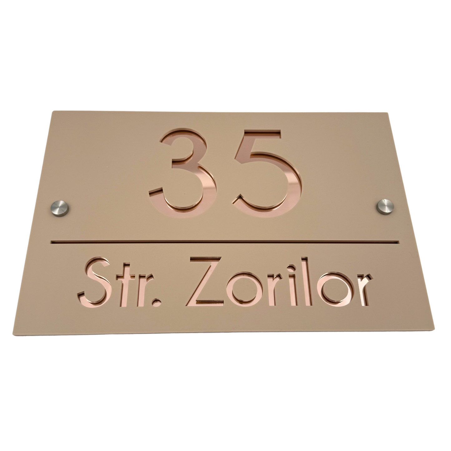 PREMIUM HOUSE NUMBER - Cream colour Satin Rose Gold Mirror 2 Spacers Silver - 30×20 cm
